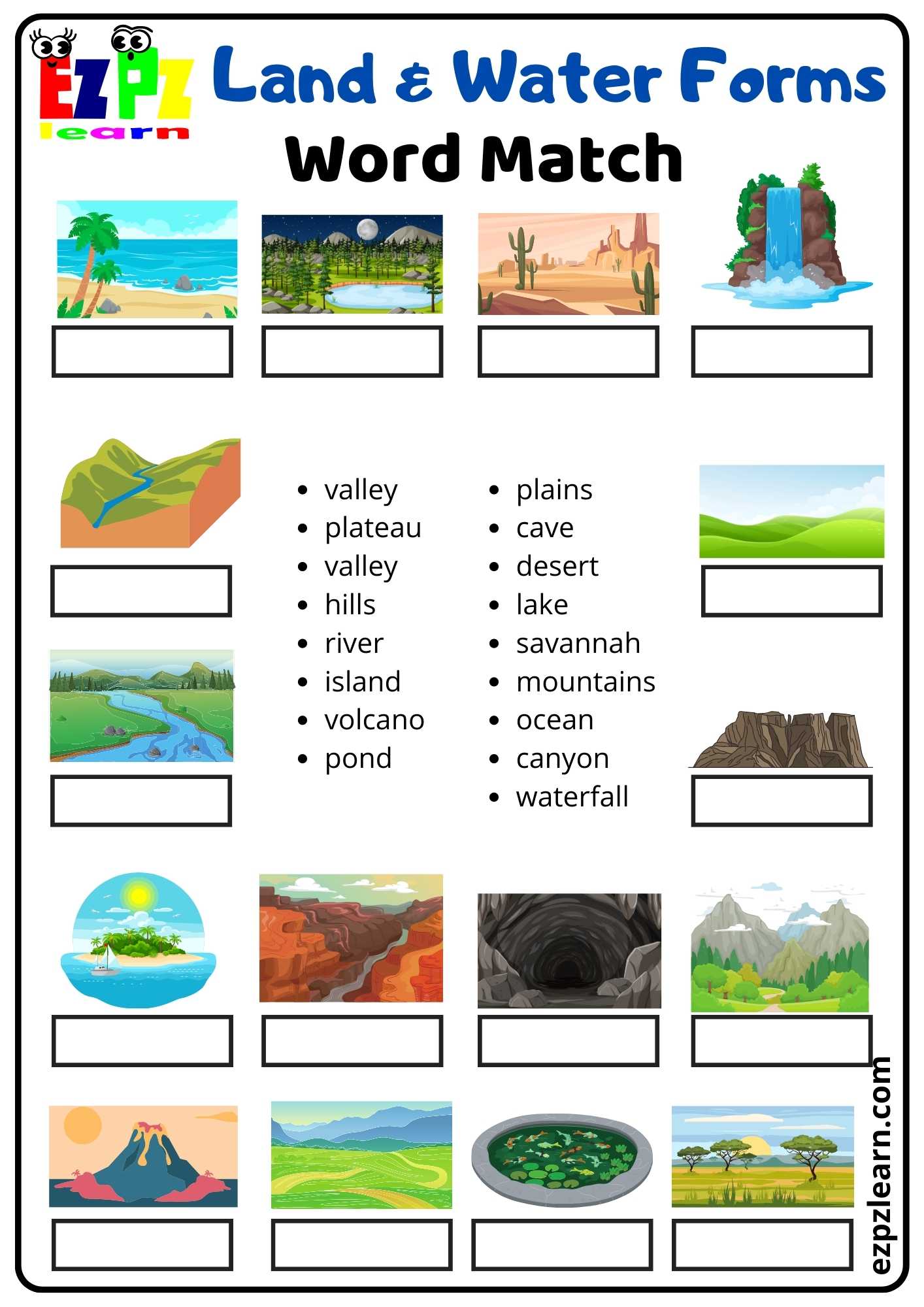 Land and Water Forms Word Match Free PDF download - Ezpzlearn.com