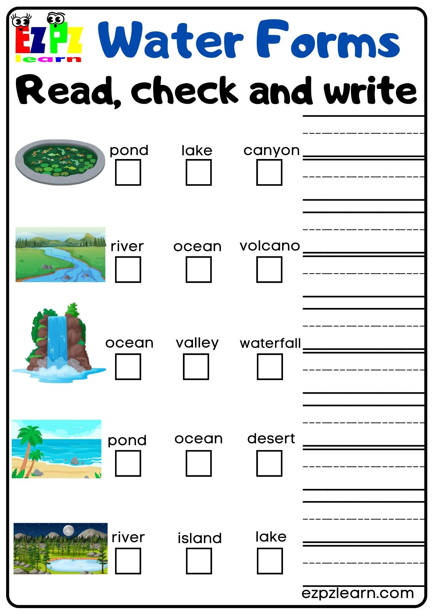 Water Forms Read Check and Write Activity Free PDF download - Ezpzlearn.com