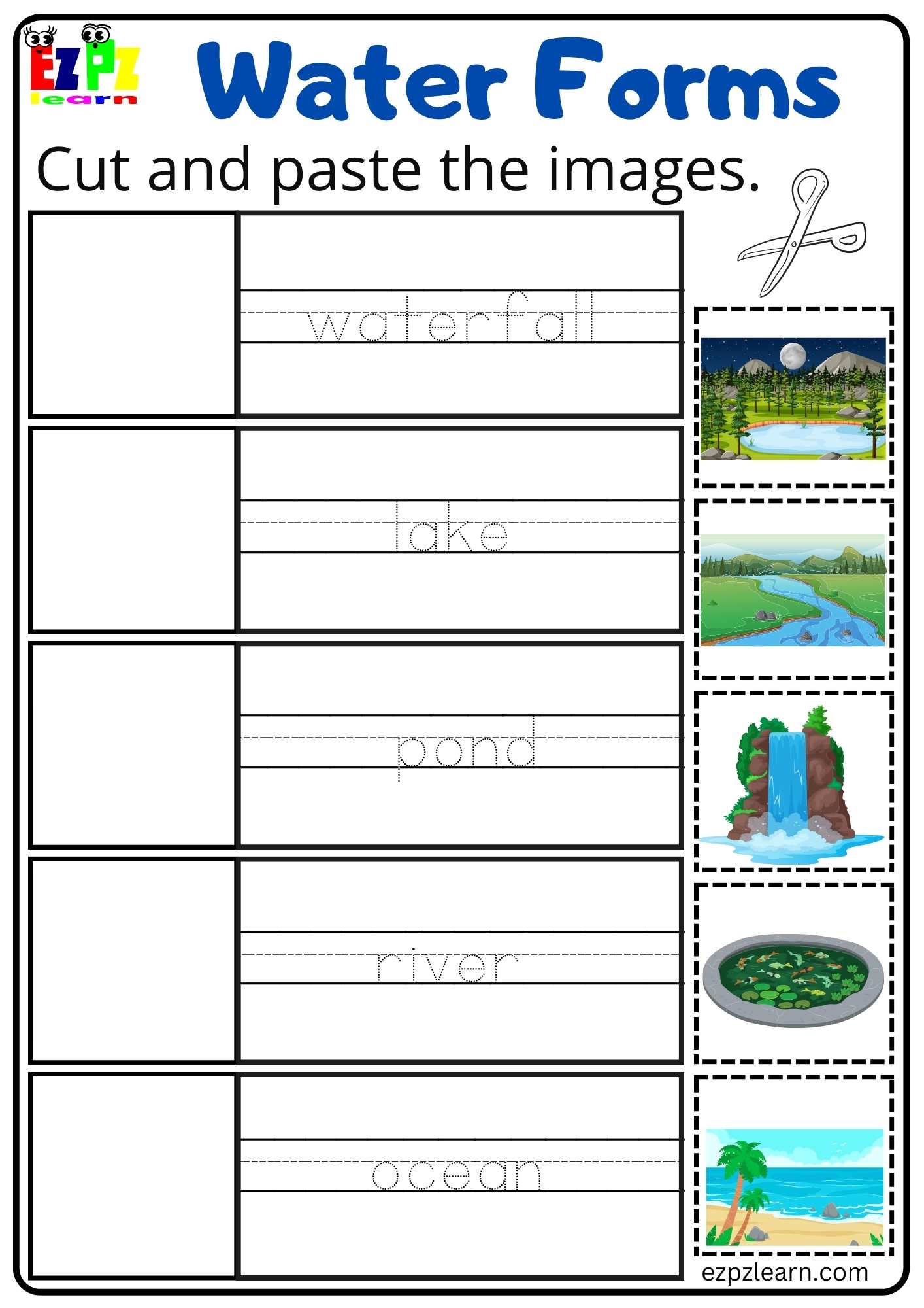 Water Forms Cut and Paste Activity Free PDF download - Ezpzlearn.com