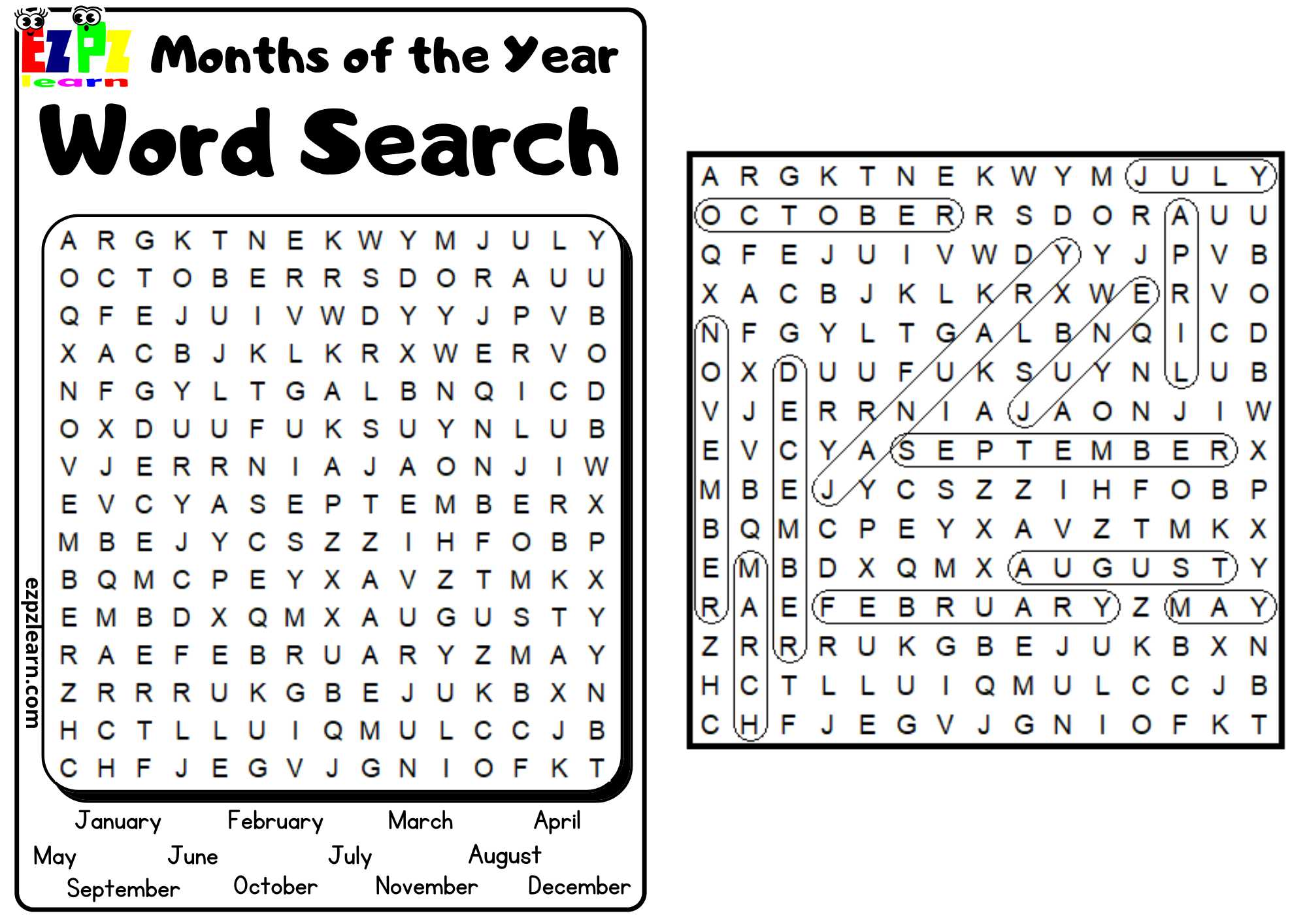 Months of the Year Word Search Free PDF - Ezpzlearn.com