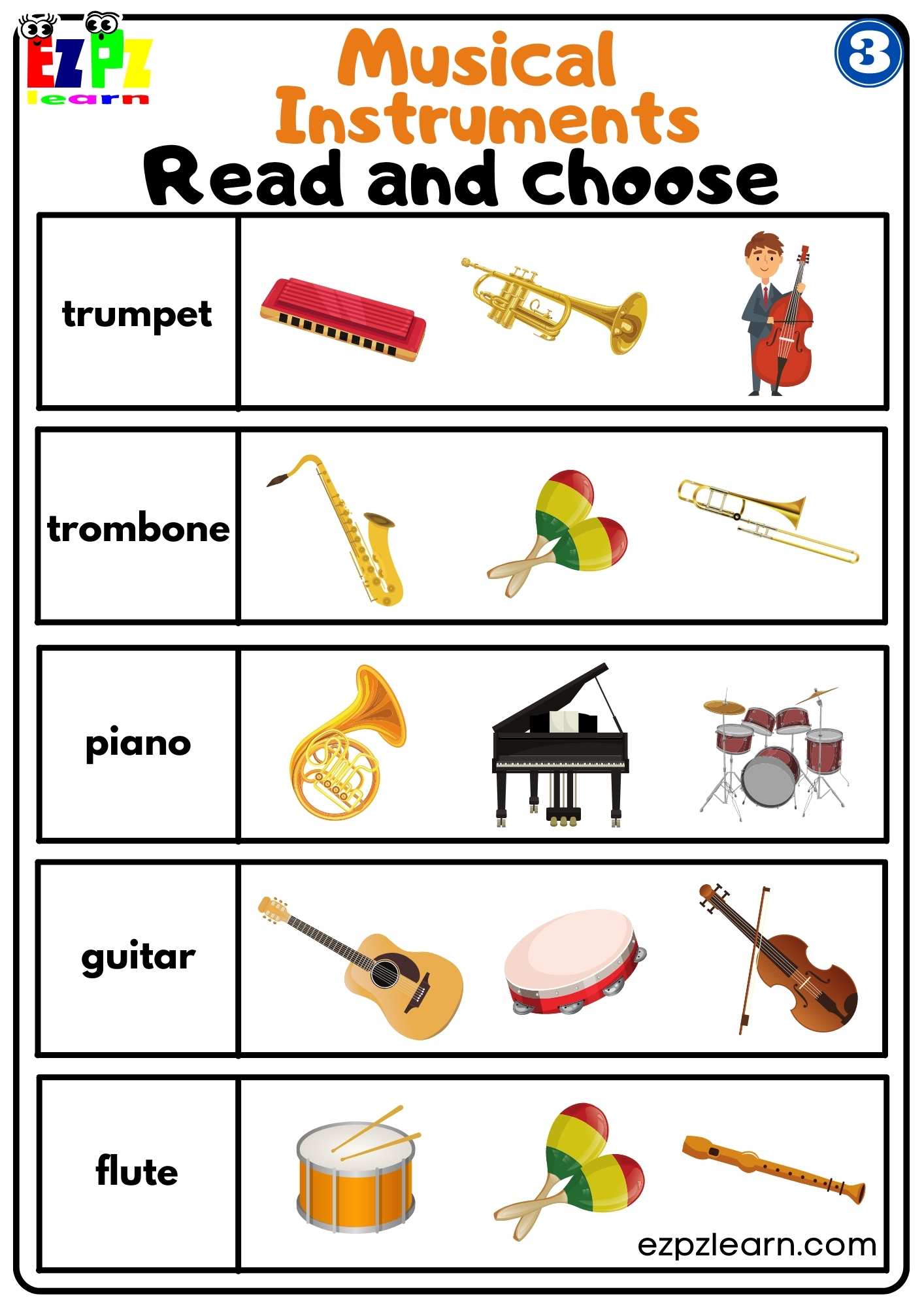 Group Three Musical Instruments Read And Choose Worksheet For Esl And 