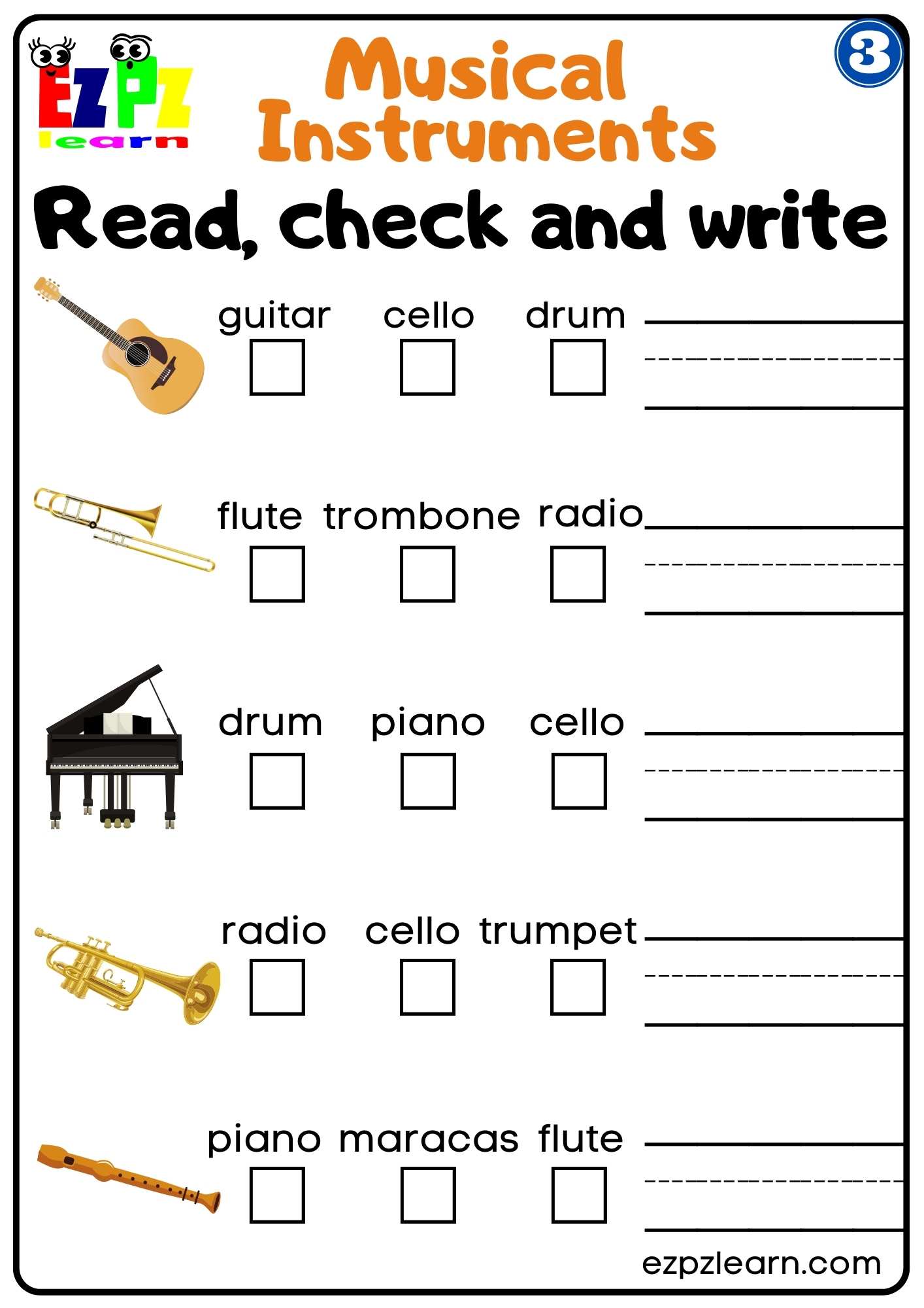 Group Three Musical Instruments Read Check and Write Worksheet For ESL ...