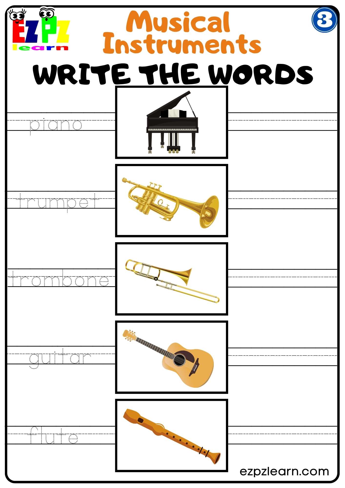 Group Three Musical Instruments Write the Words Worksheet For ESL and ...