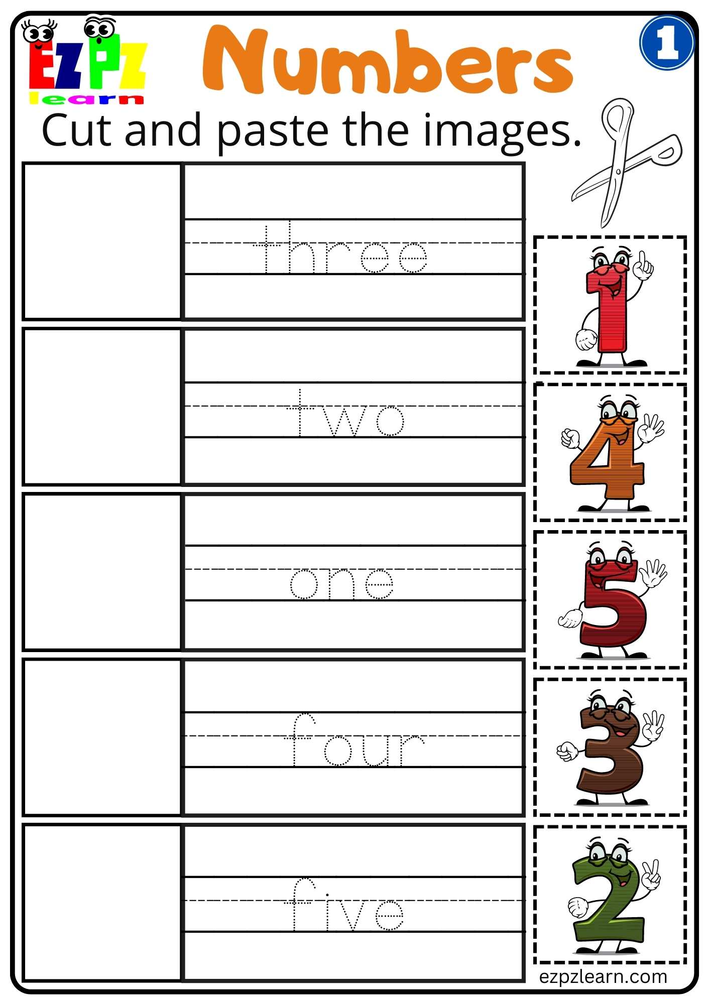 G1 Numbers Cut and Paste Worksheet for Kindergarten K5 and ESL Students G1 Numbers Cut and Paste Worksheet for Kindergarten K5 and ESL Students