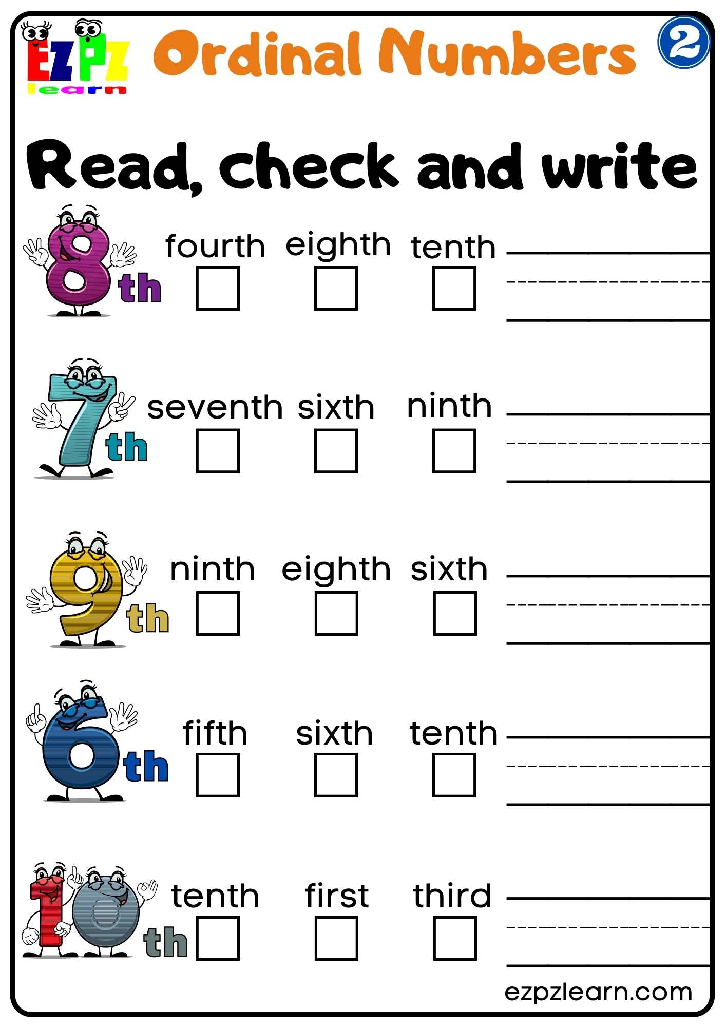 Group 2 Ordinal Numbers Read Check and Write Worksheet - Ezpzlearn.com