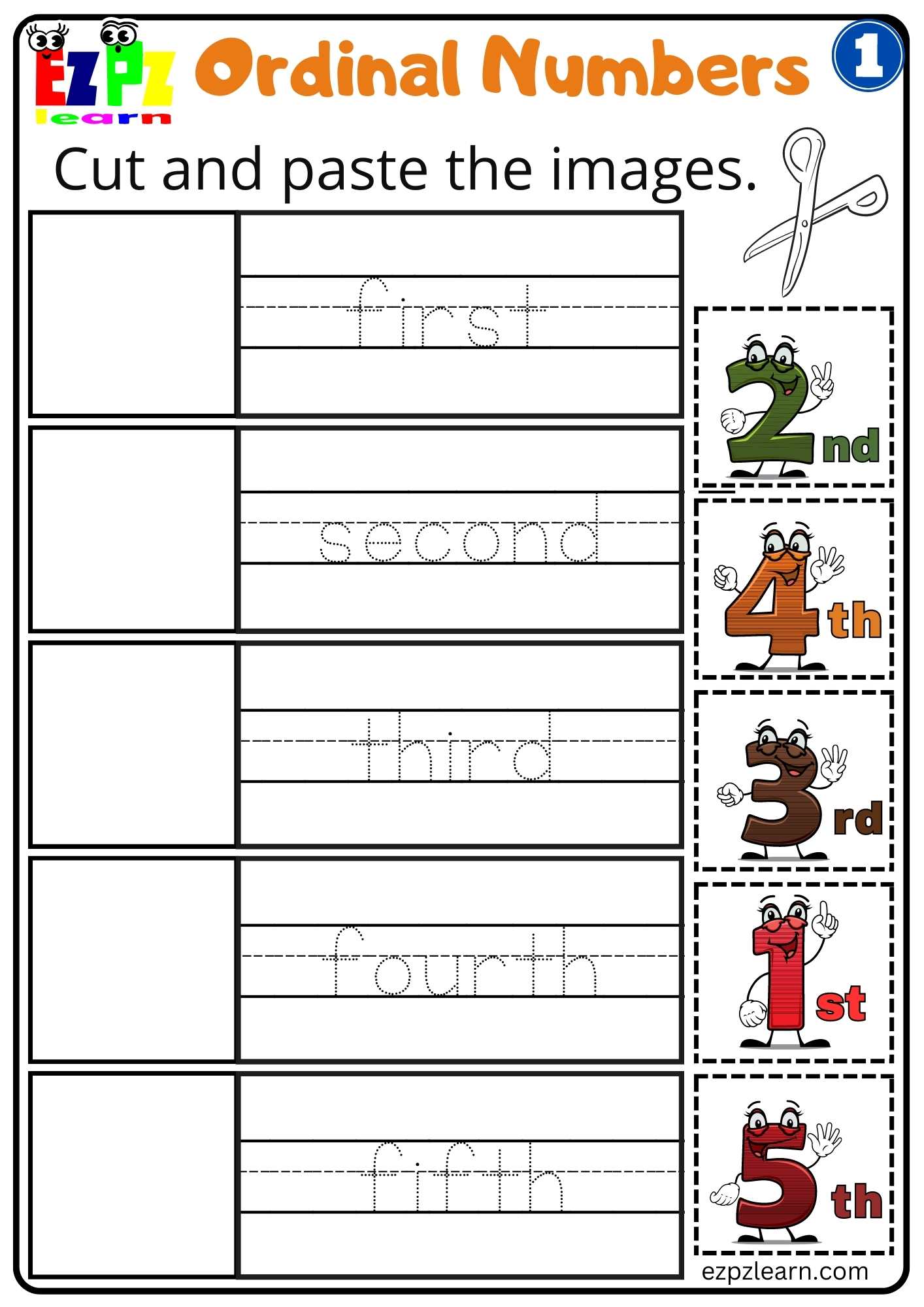 Ordinal Numbers Cut and Paste 1 - Ezpzlearn.com