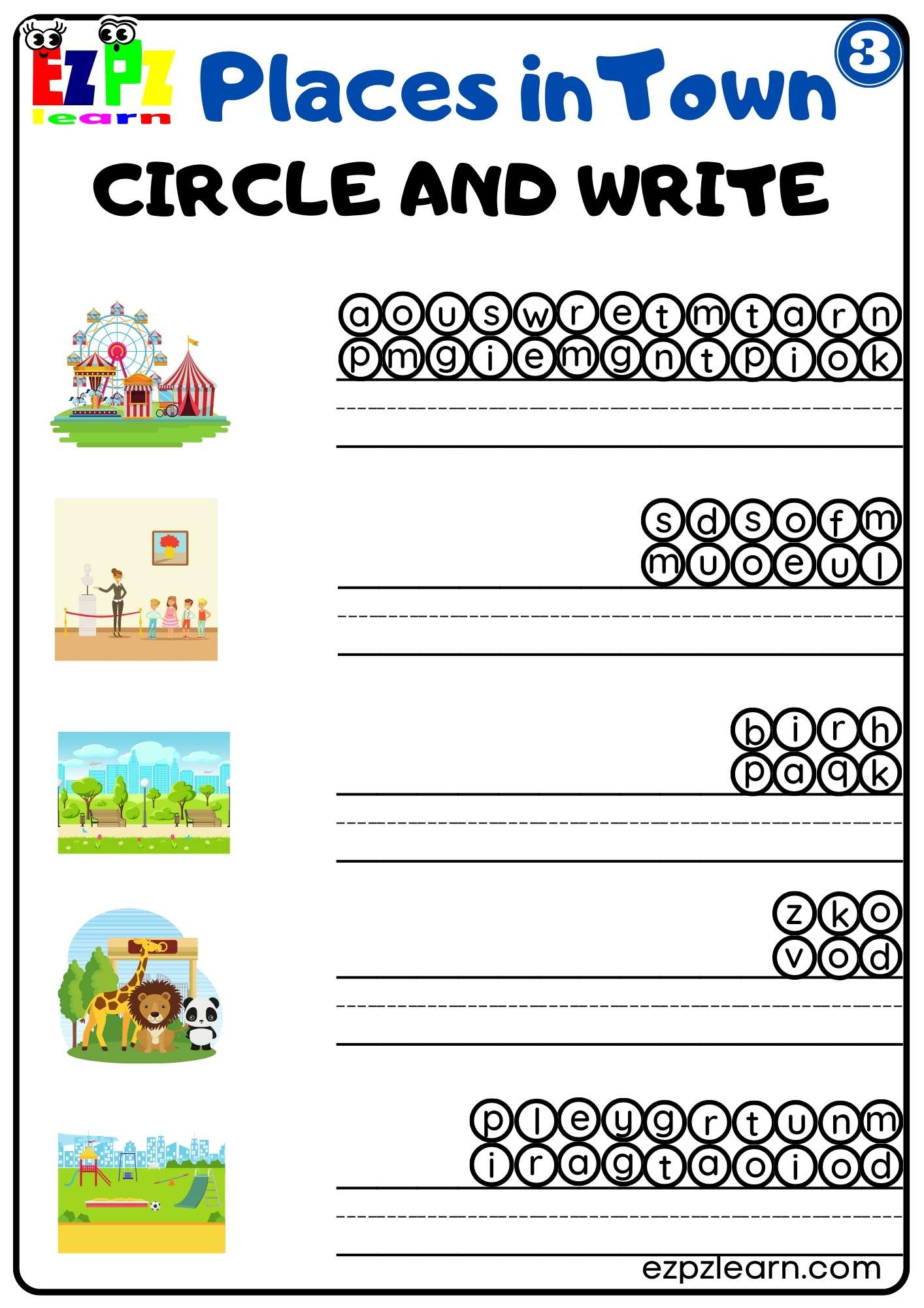 Places in The City Vocabulary Circle and Write Worksheet Free Download ...
