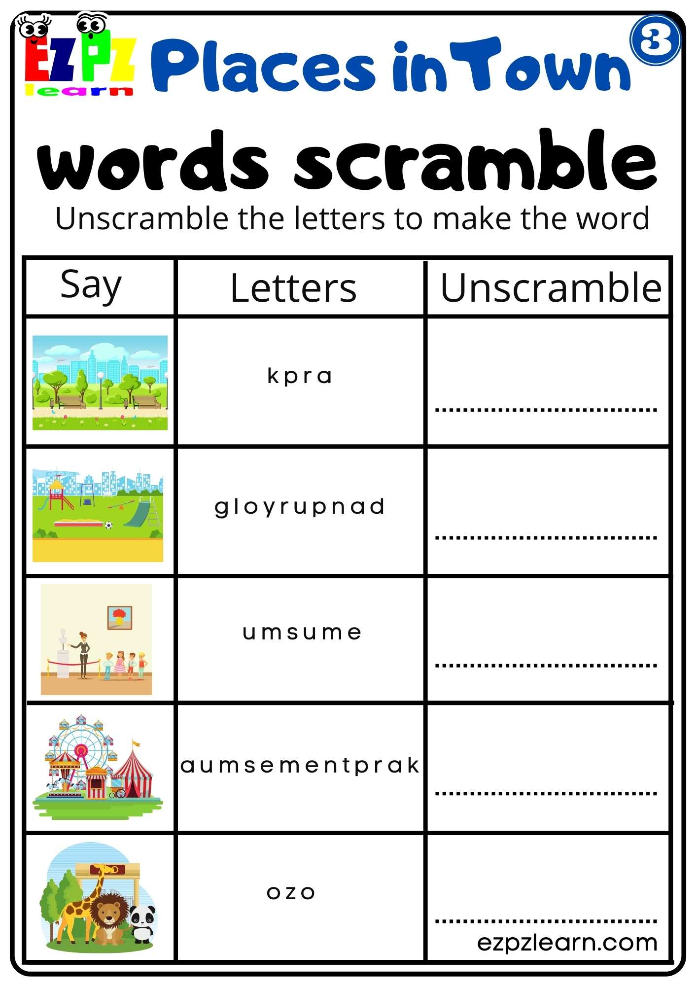 Places in The City Vocabulary Word Scramble Worksheet Download for K5 ...