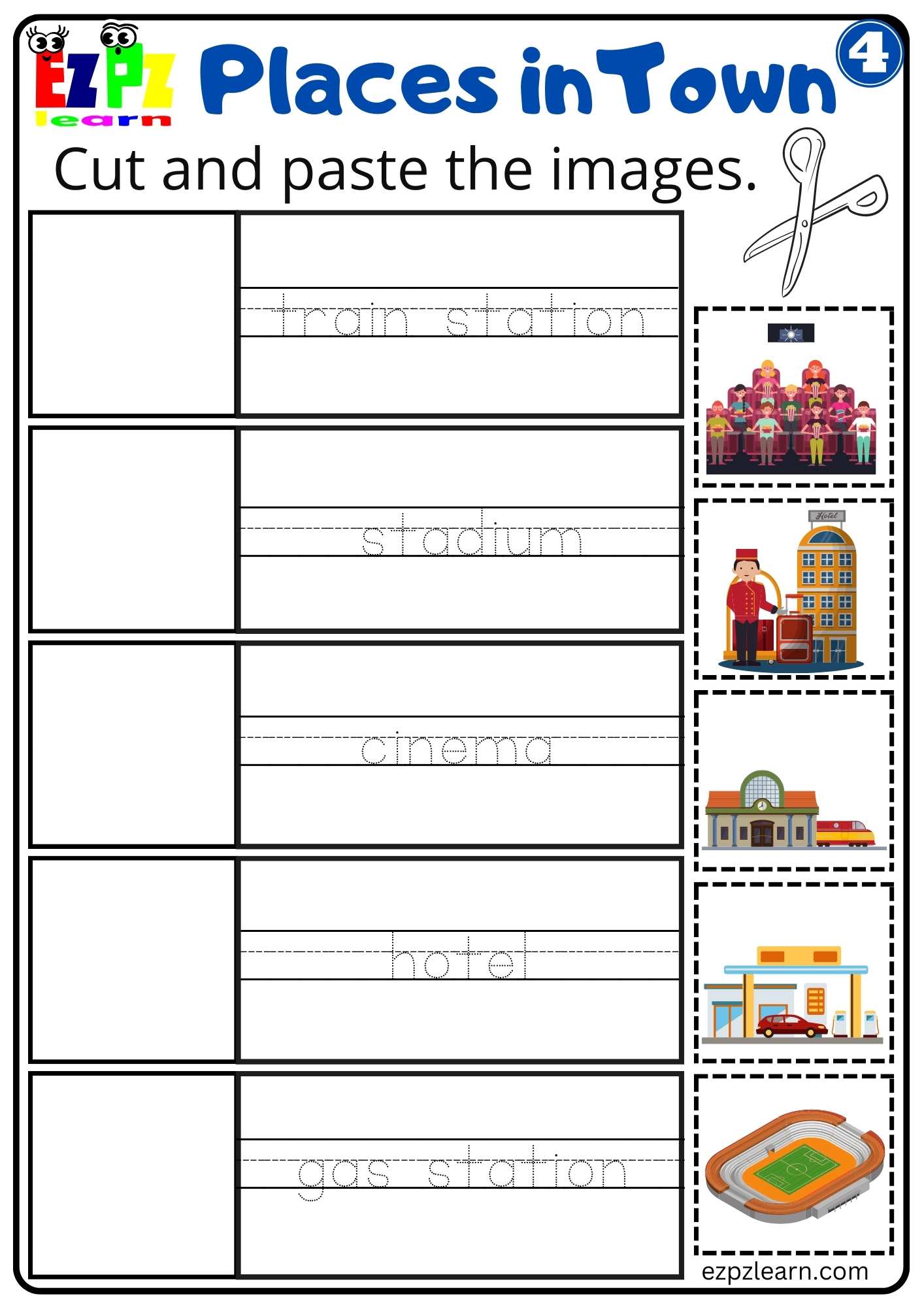 Places in Town Vocabulary Cut and Paste Worksheet for K5 Kids and ESL ...