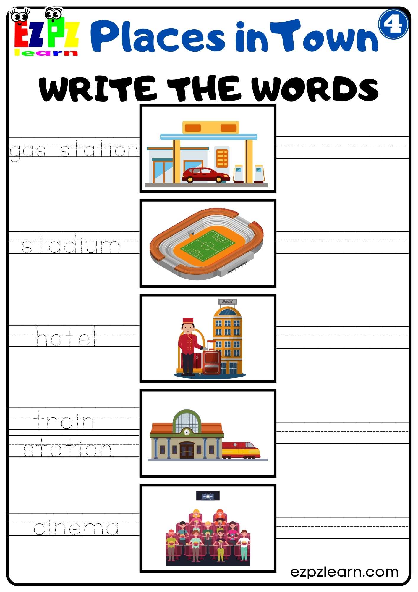 Places in Town Vocabulary Write the Words Worksheet for K5 Kids and ESL ...