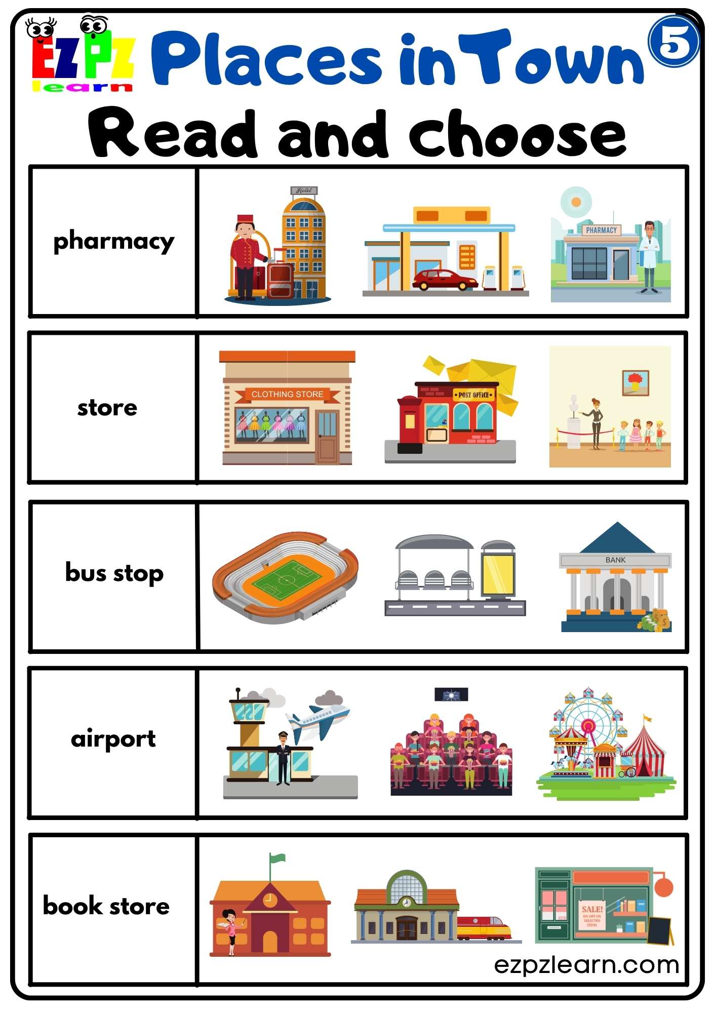 Places in Town Read and Choose Easy Worksheet for Kids and ESL Students ...