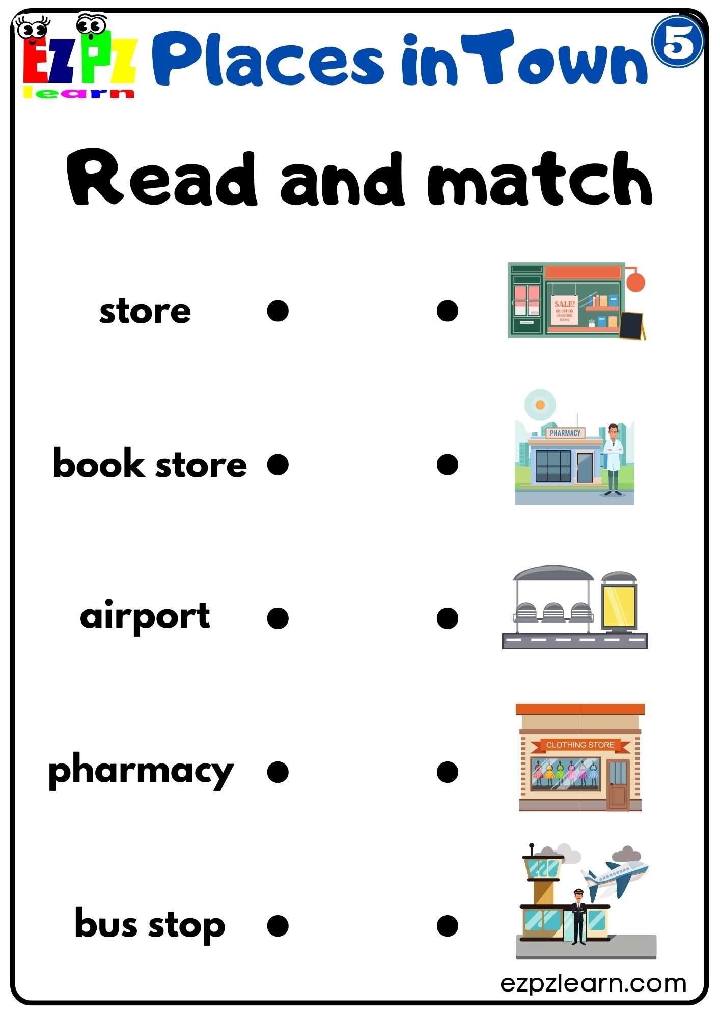 Places in Town Read and Match Easy Worksheet for Kids and ESL Students ...