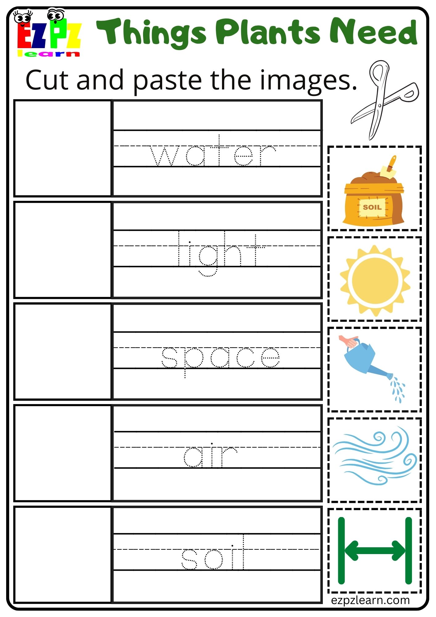 Things Plants Need Vocabulary Worksheet Cut and Paste Activity for ...