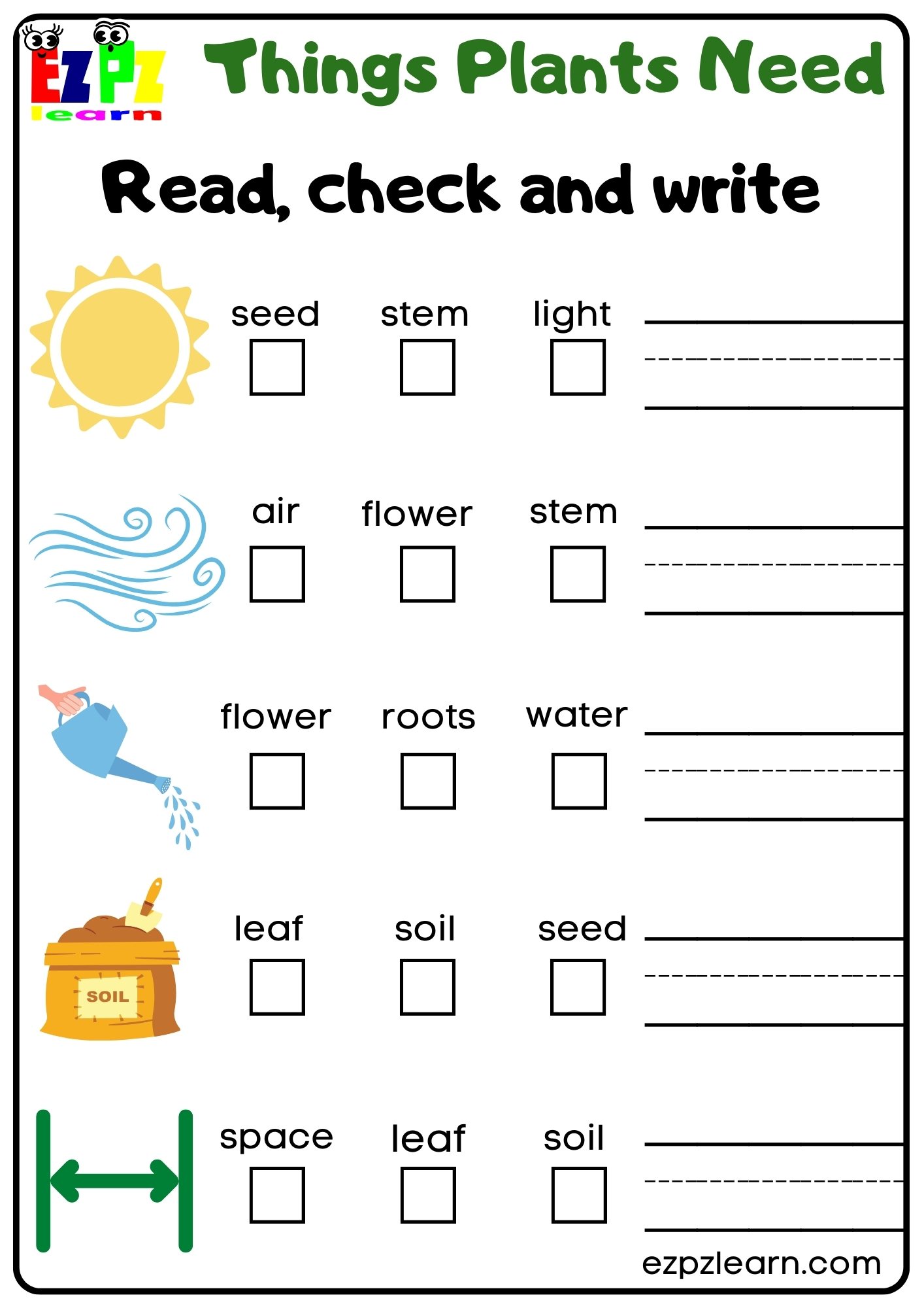 Things Plants Need Vocabulary Worksheet Read, Check and Write Activity ...