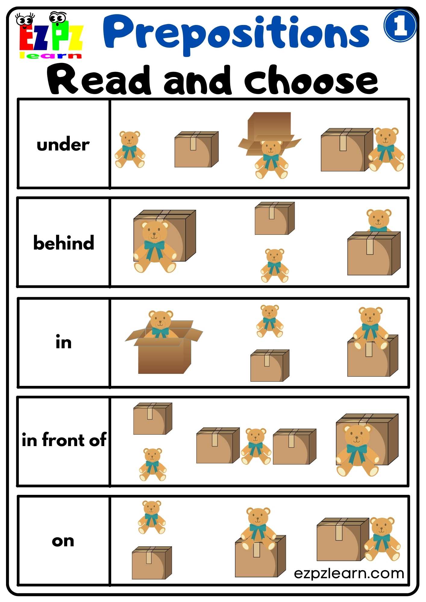 Prepositions of Place Read and Choose Worksheet for Kindergarten K5 and ESL Students G1 - Ezpzlearn.com