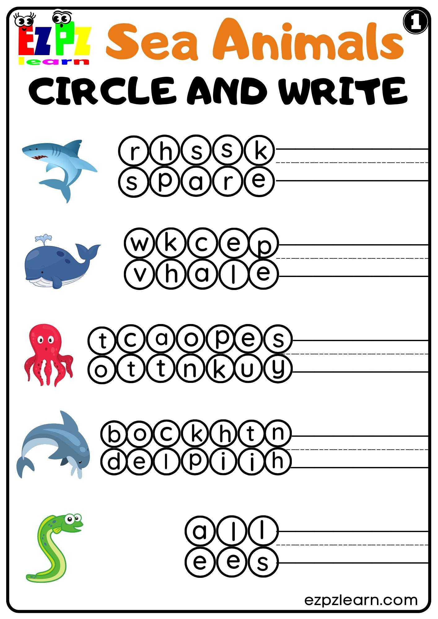 Sea Animals Circle and Write Worksheet For Kids and ESL Set 1 -  