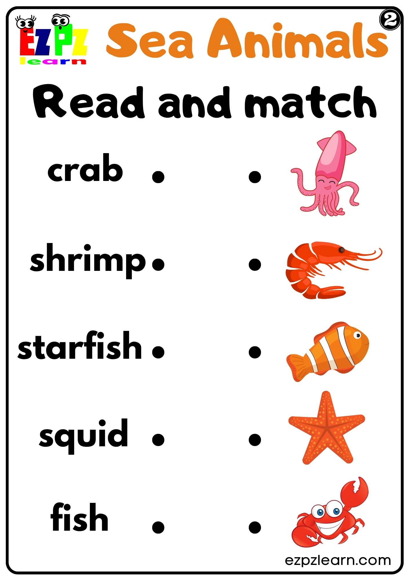 Sea Animals Read and Match Worksheet For Kids and ESL Set 2 Free PDF ...