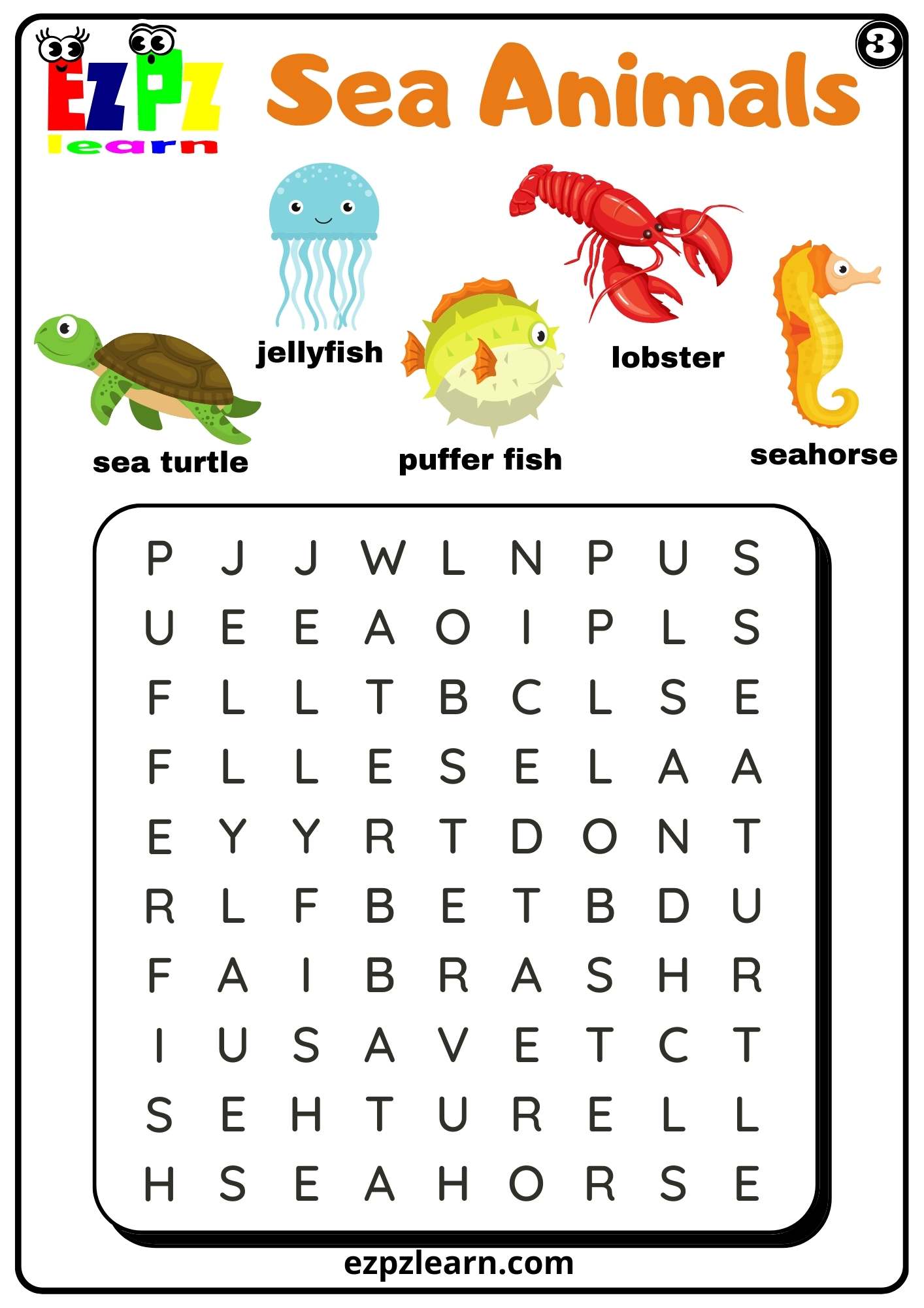 Sea Animals Word Search Worksheet For Kids and ESL Set 3 PDF Download ...