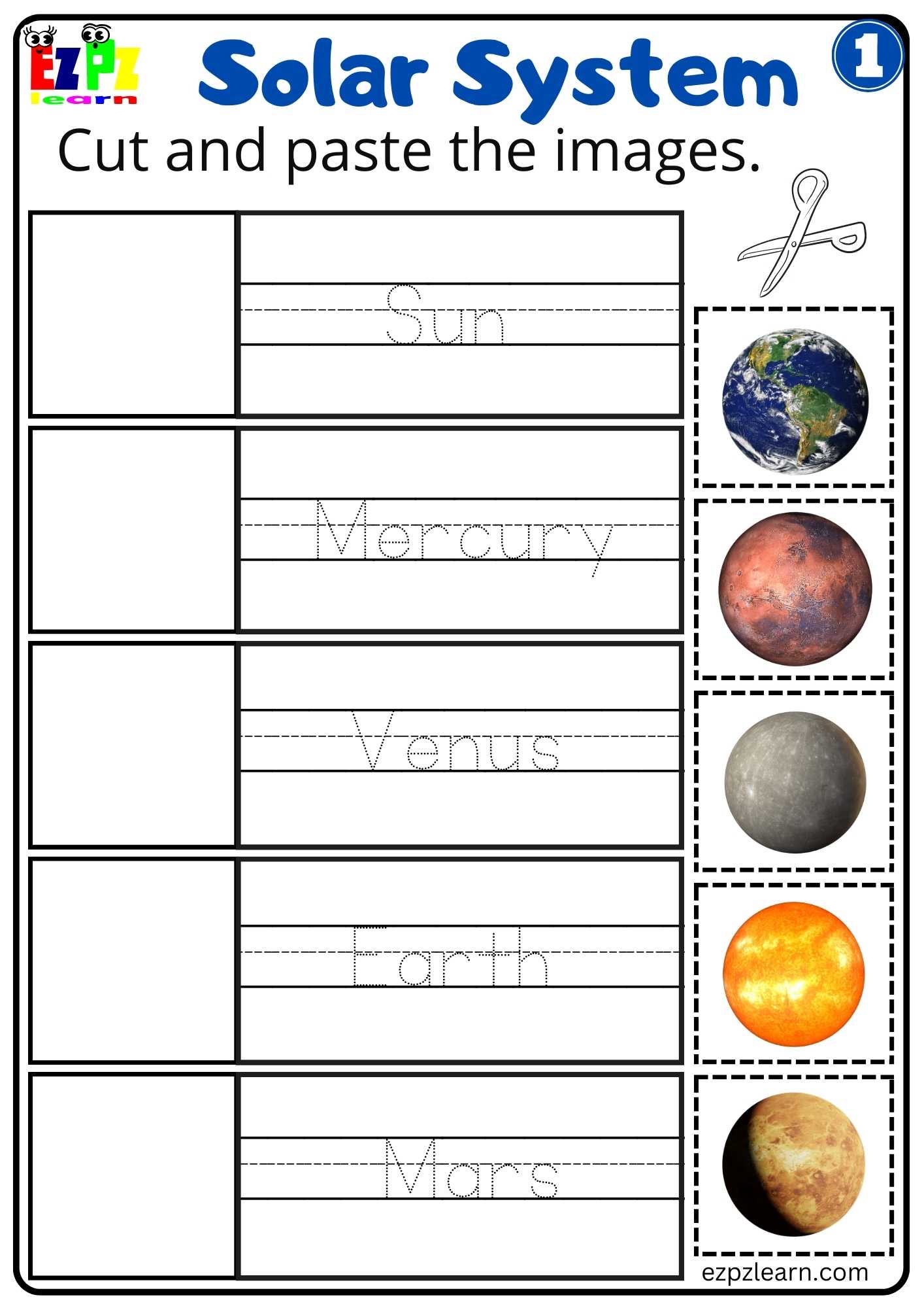 Solar System Cut and Paste Worksheet 1 For Kids - Ezpzlearn.com