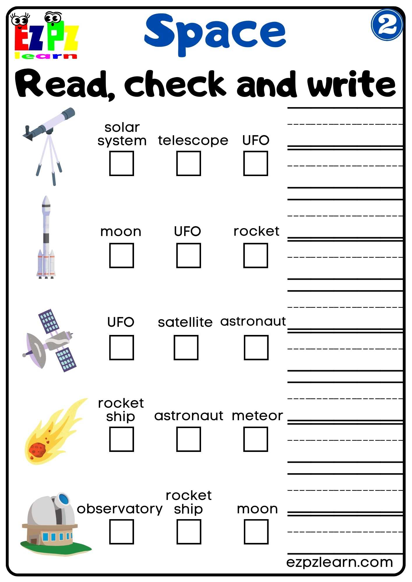 Space Read Check and Write Worksheet Number 2 - Ezpzlearn.com