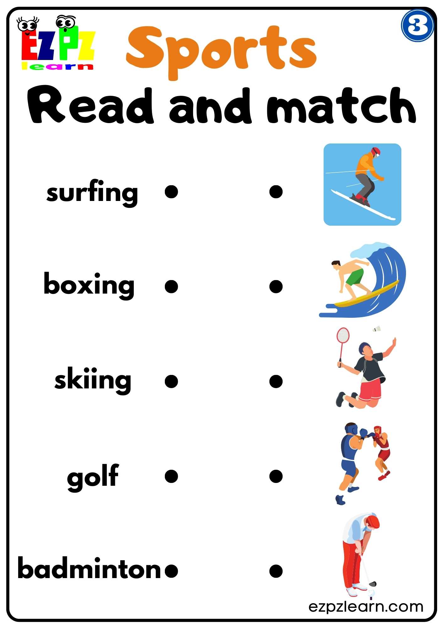 Group 3 Sports Read and Match Paste Worksheet Kids K5 and ESL Students ...
