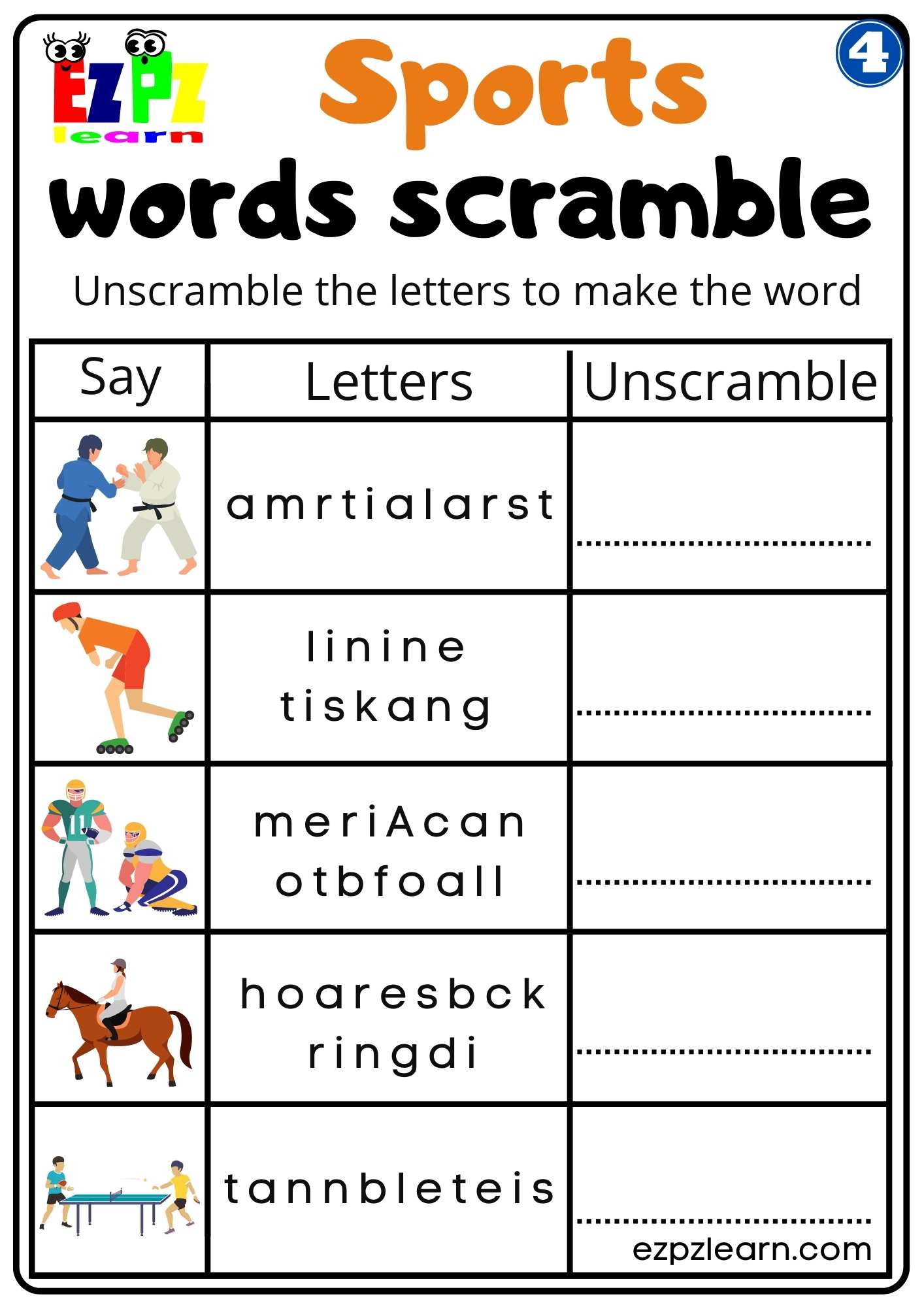 Group 4 Sports Words Scramble Worksheet for K5 and ESL Students PDF ...