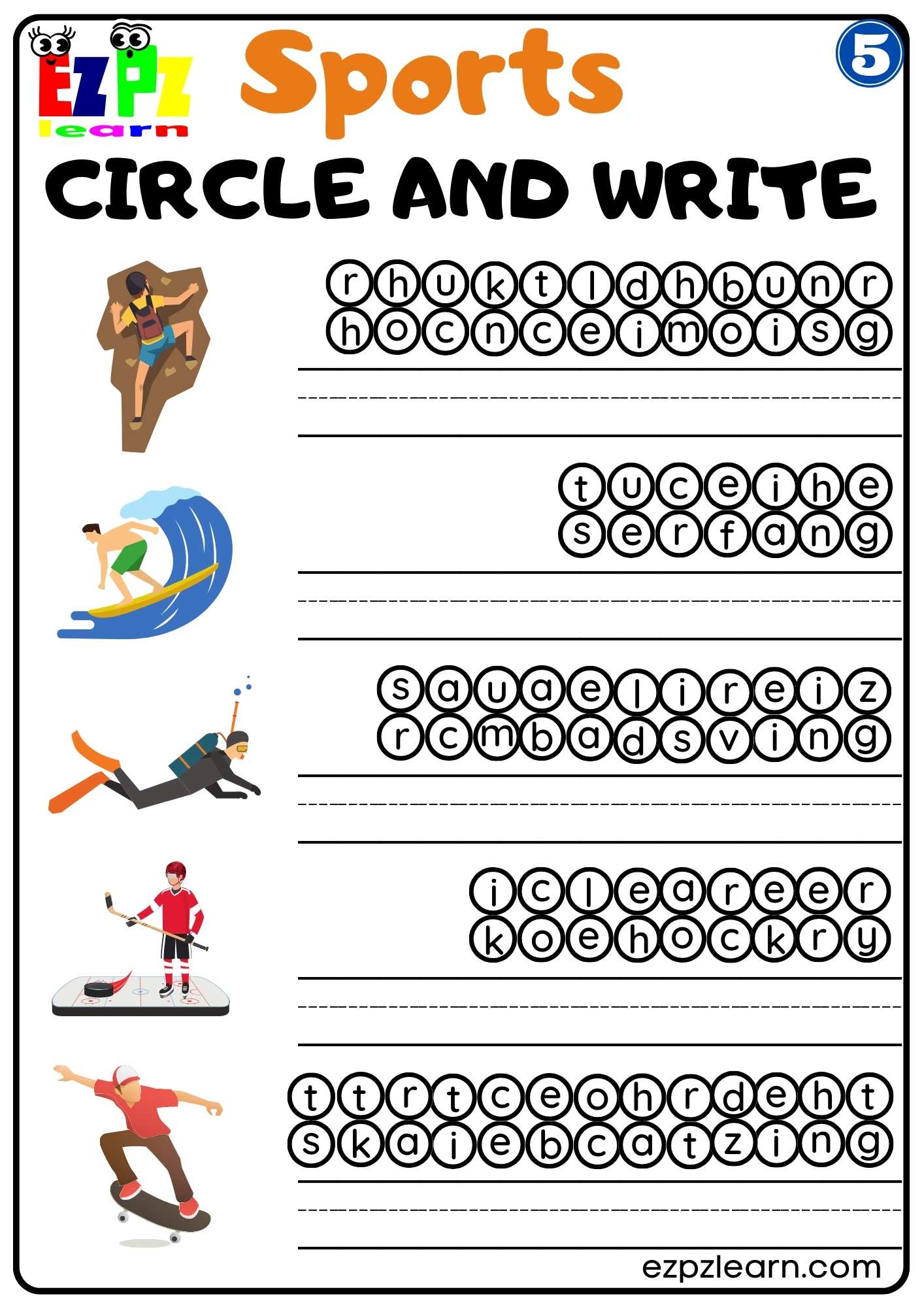 Group 5 Sports Circle and Write Worksheet for ESL and K5 Students PDF ...