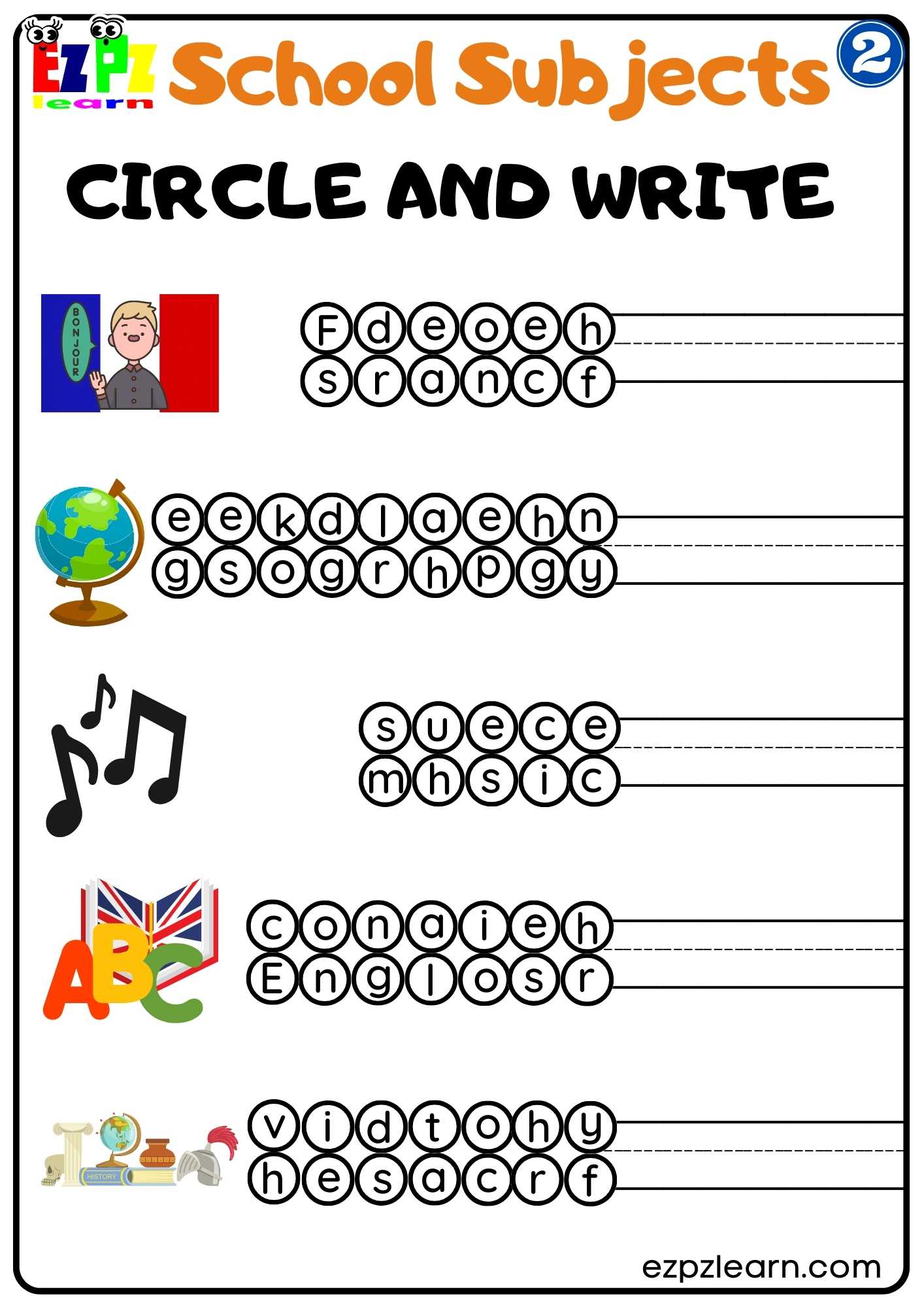 Group2 School Subjects Circle And Write Worksheet Homeschool And ESL