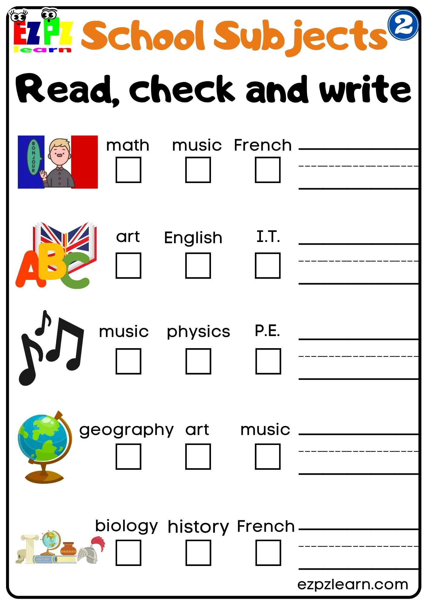 Group2 School Subjects Read Check and Write Worksheet for Homeschool ...