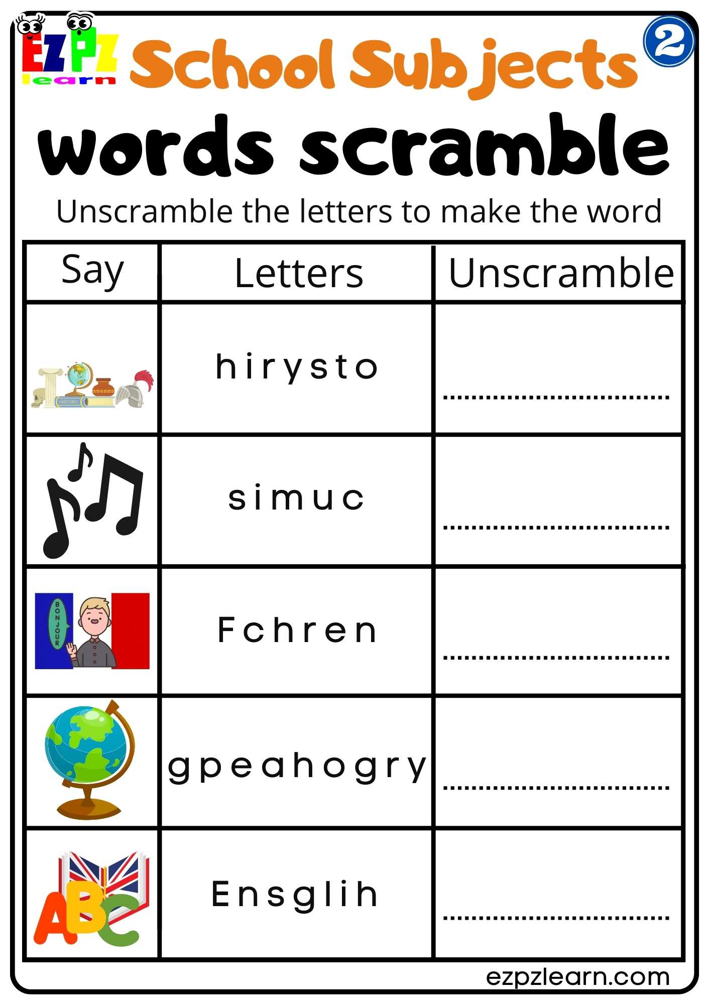 Group2 School Subjects Word Scramble Worksheet For Homeschool And ESL