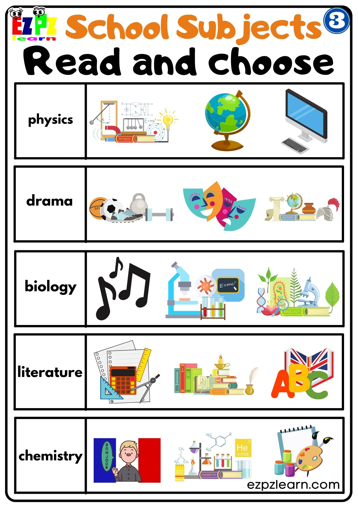 Group3 School Subjects Read and Choose Worksheet for ESL Students and ...