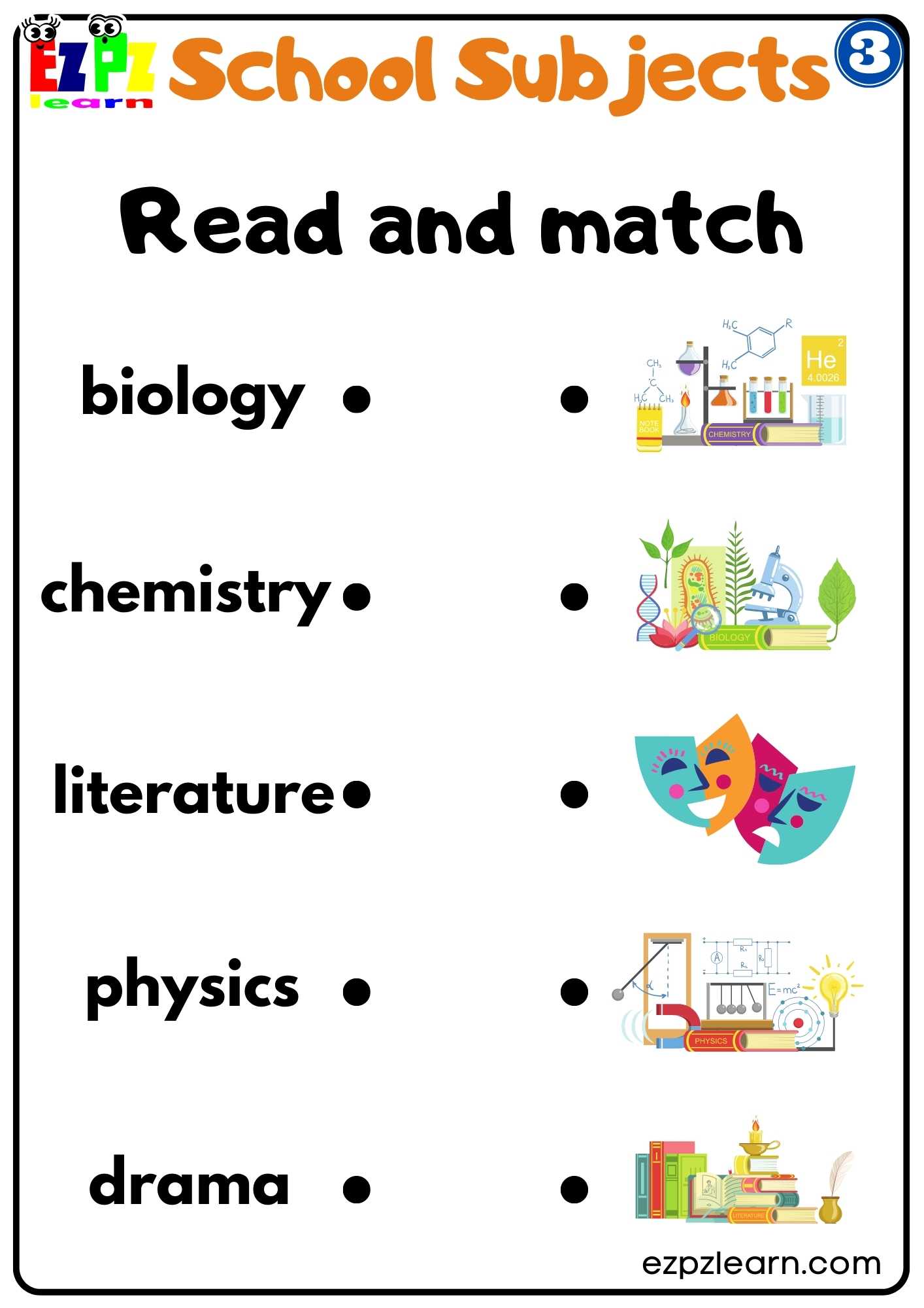 Group3 School Subjects Read and Match Worksheet for ESL Students and K5 ...