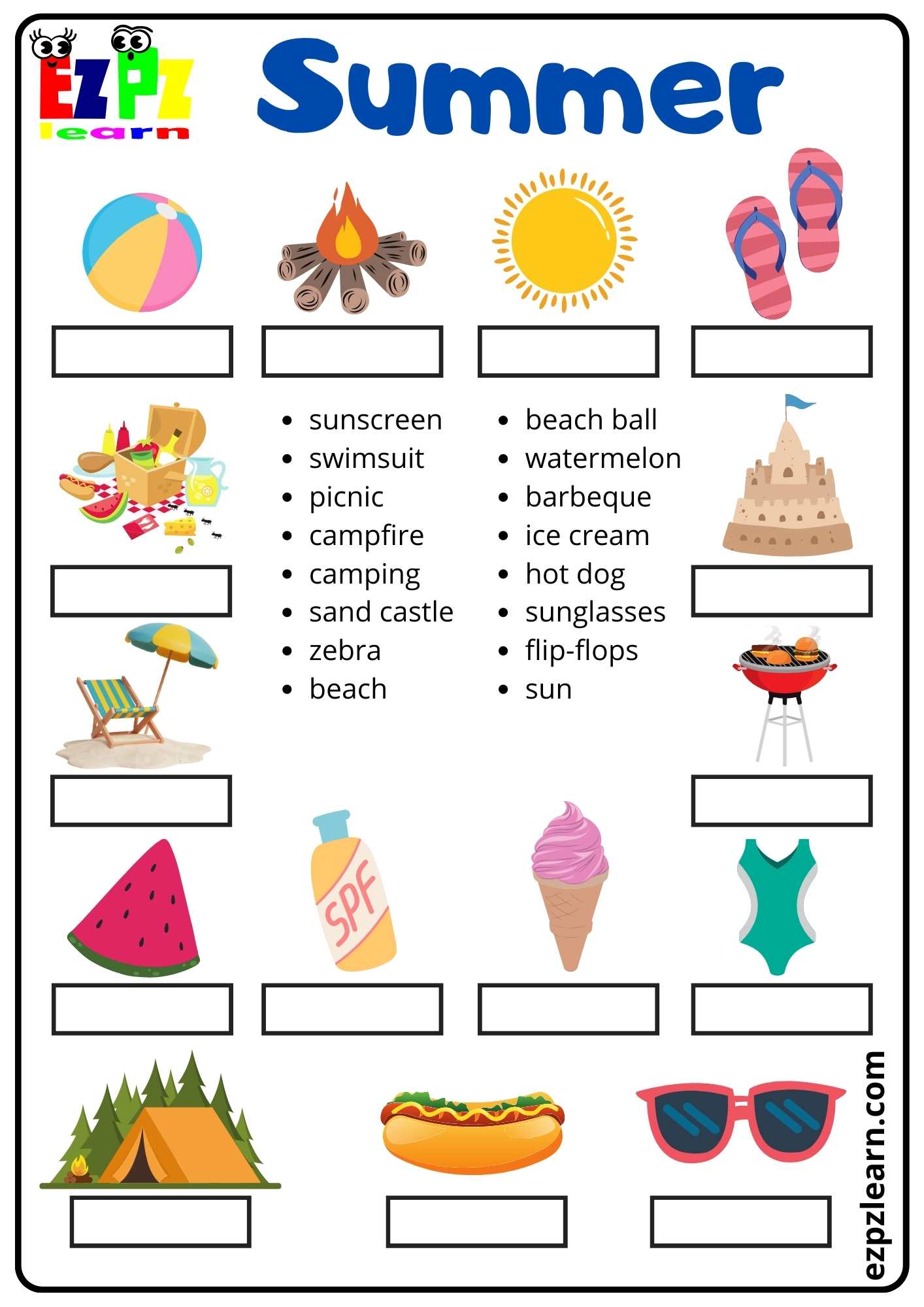 Summer Word Match Activity - Ezpzlearn.com