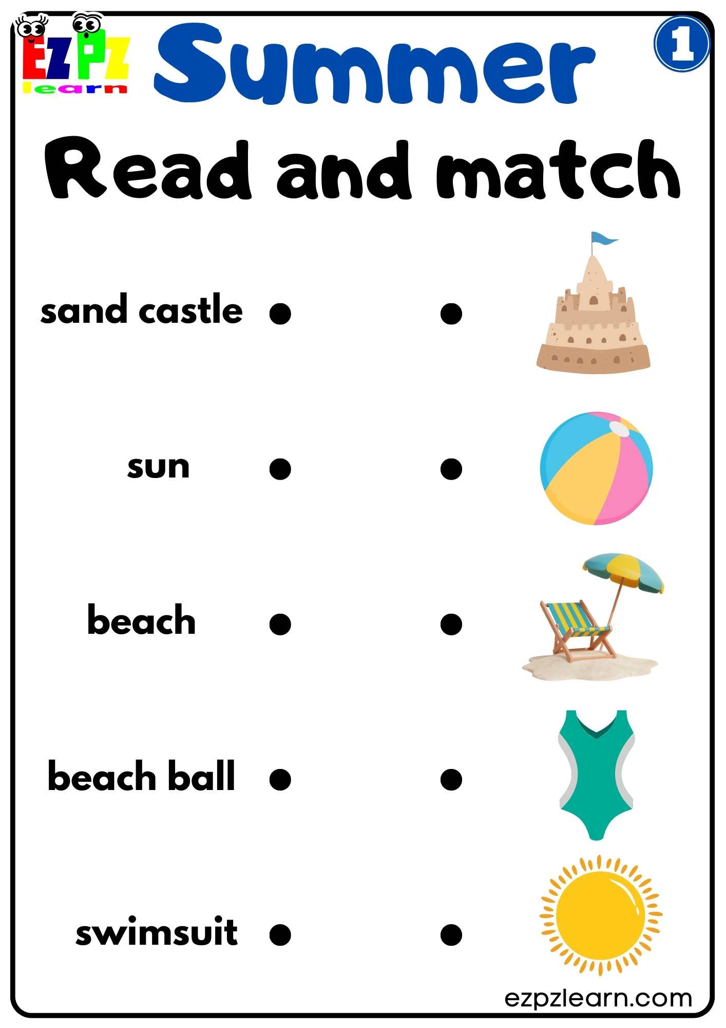 Summer read and match activity for kids set 1 - Ezpzlearn.com