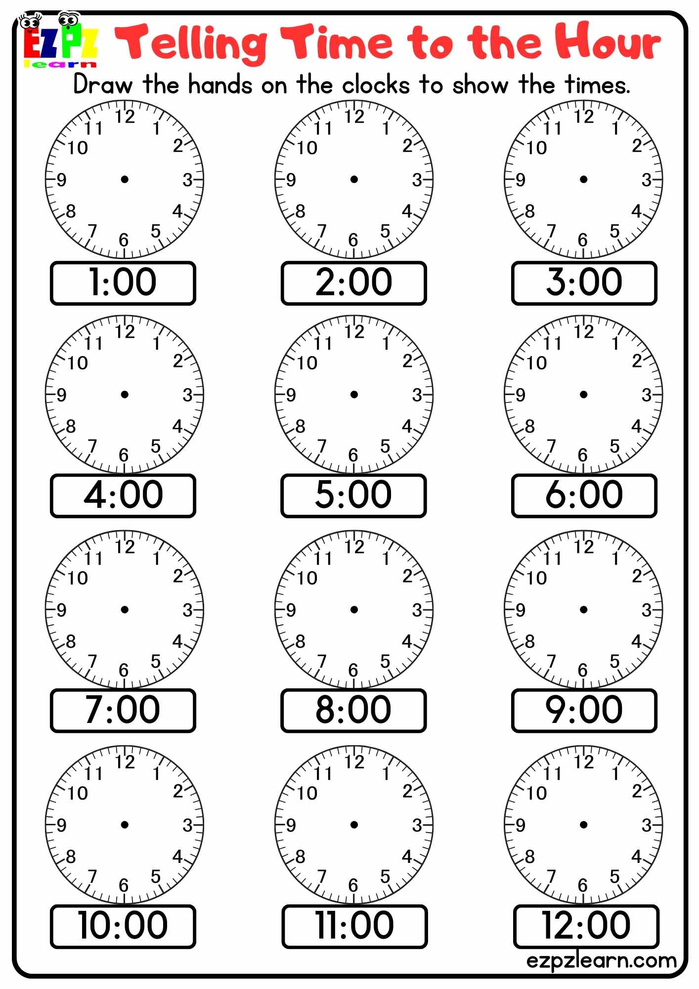 Telling Time to the Hour Draw the Hands on the Clocks Free PDF Download ...