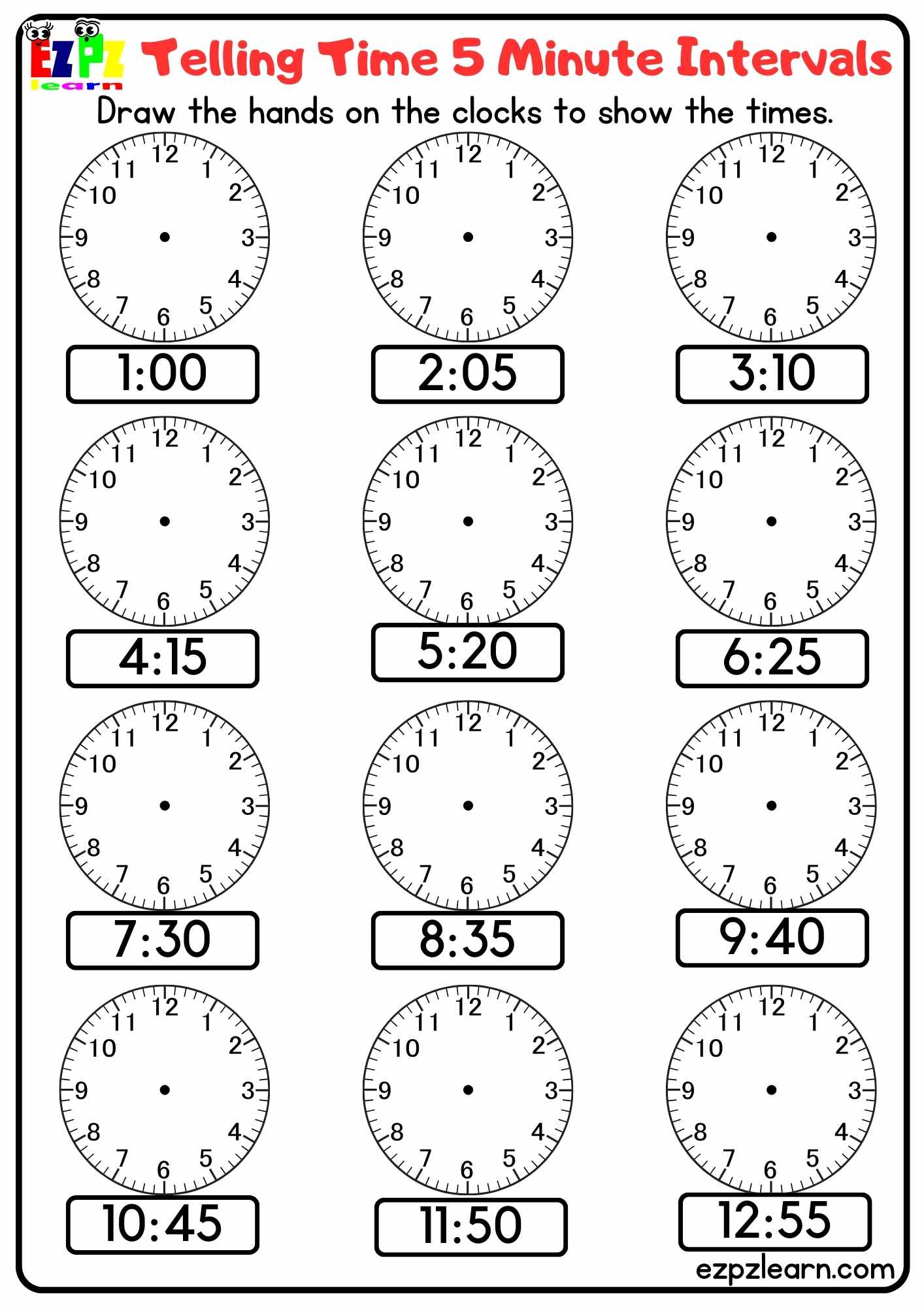 Telling Time 5 Minute Intervals Draw the Hands on the Clocks Free PDF ...