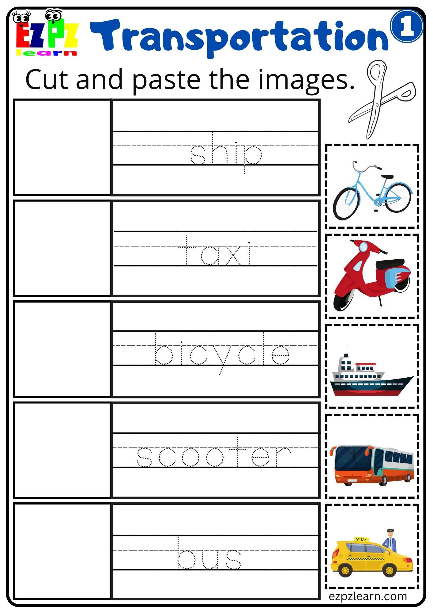 Transportation Vocabulary Cut and Paste Worksheet Easy for Kids Free ...