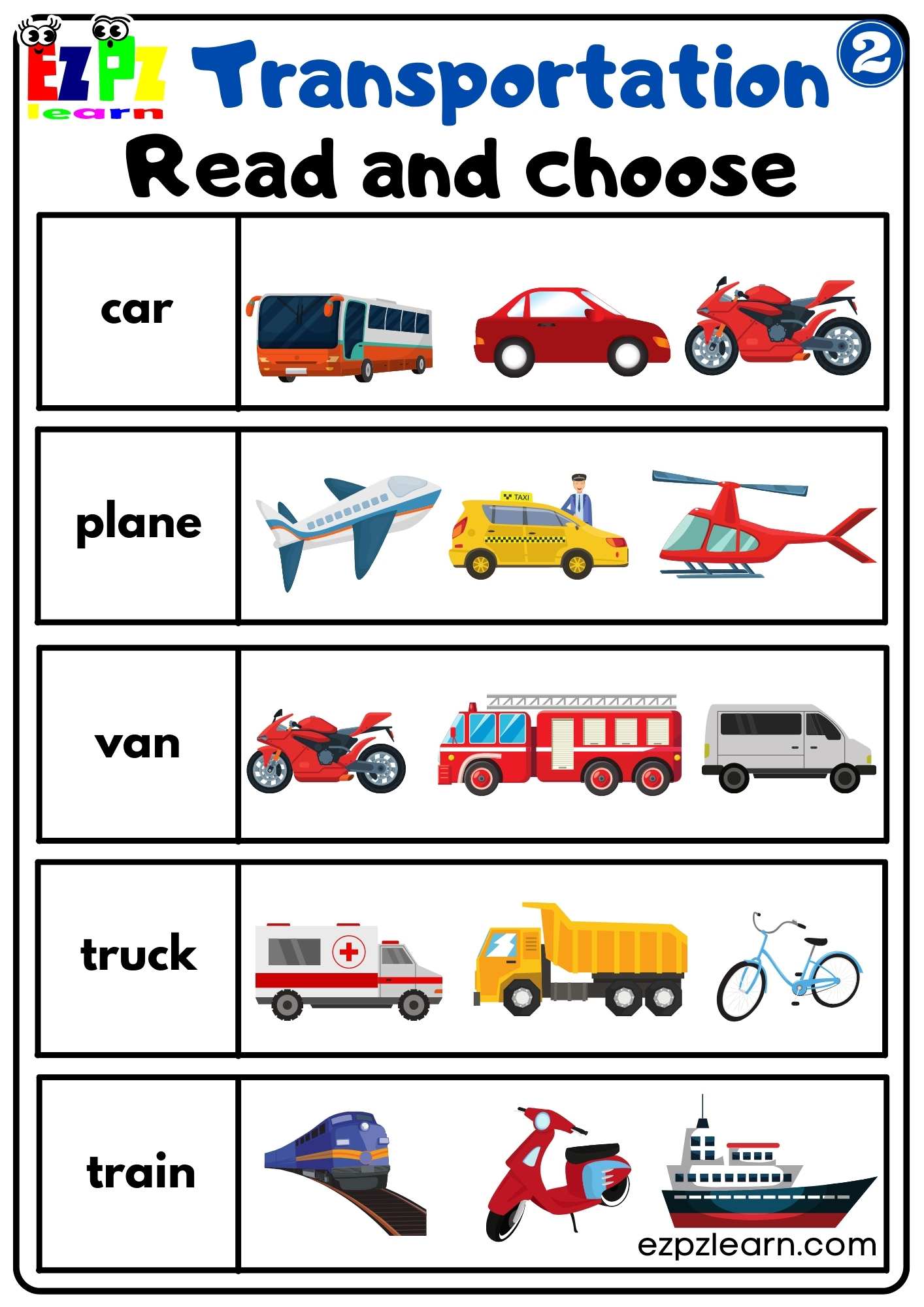 Transportation Vocabulary Read and Choose Easy Worksheet for Children ...