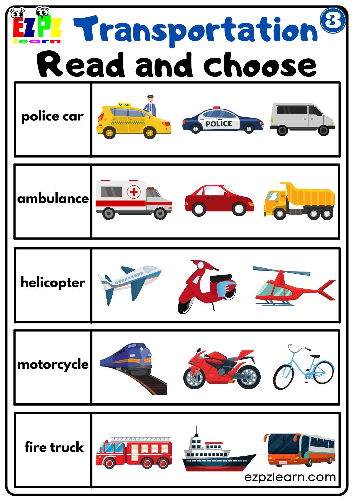 Transportation Vocabulary Read and Choose Easy Worksheet for K5 and ESL ...