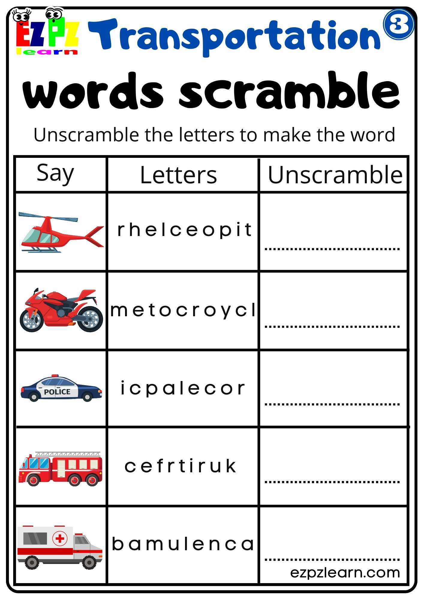 Transportation Vocabulary Word Scramble Easy Worksheet for K5 and ESL ...