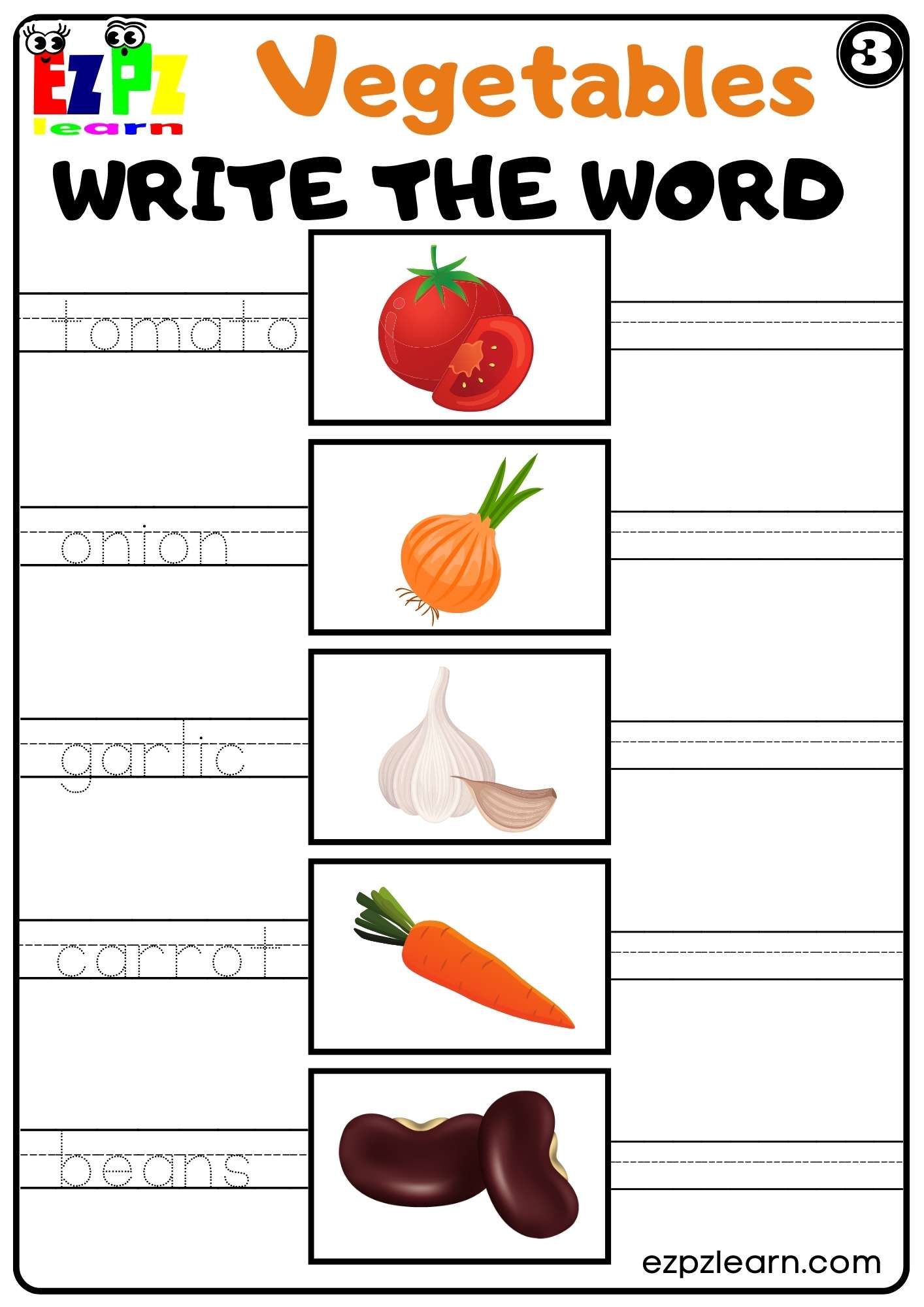 Vegetables Write the Word Worksheet for K5 Kindergarten and ESL ...