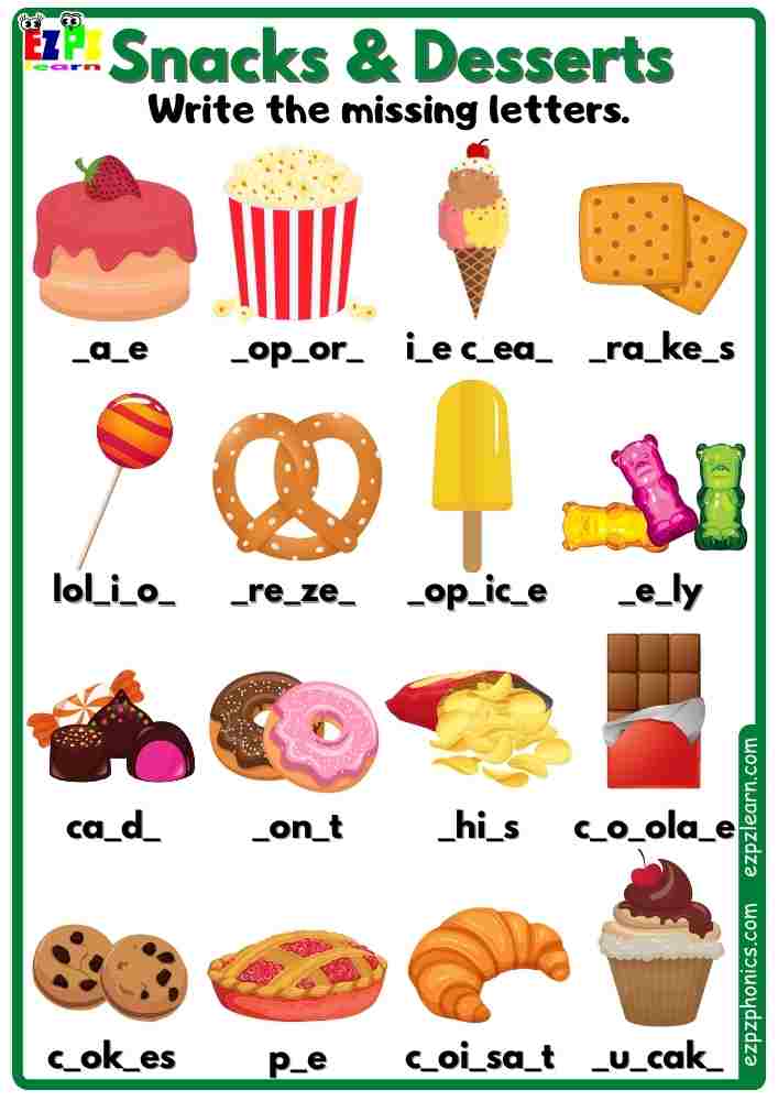 Snacks and Food Vocabulary Write the Missing Letters Worksheet ...