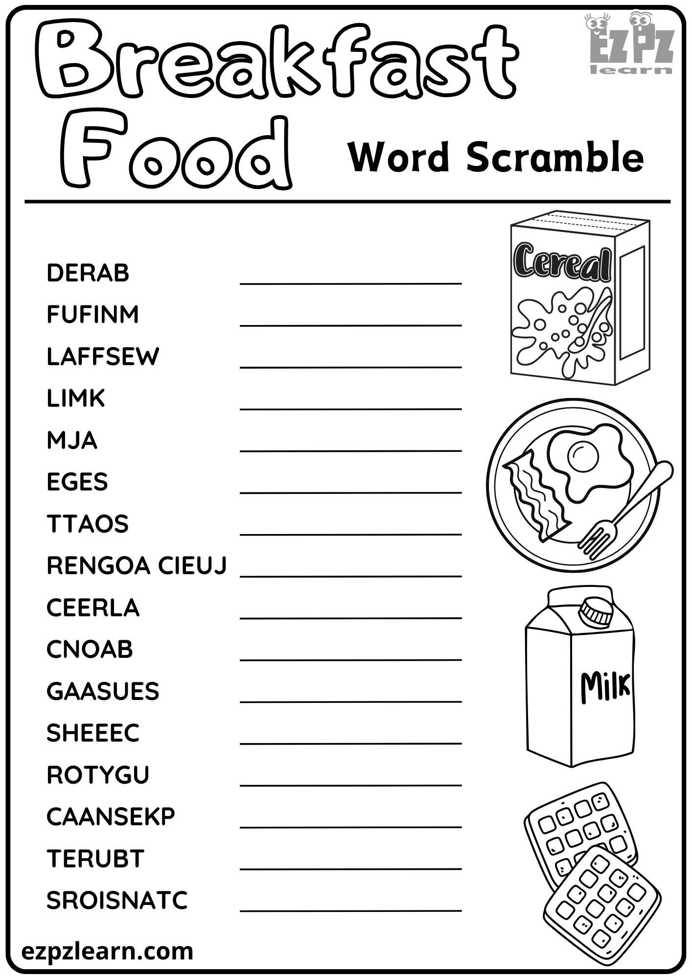 Breakfast Food Word Scramble 16 Vocabulary Words Free Printable PDF ...