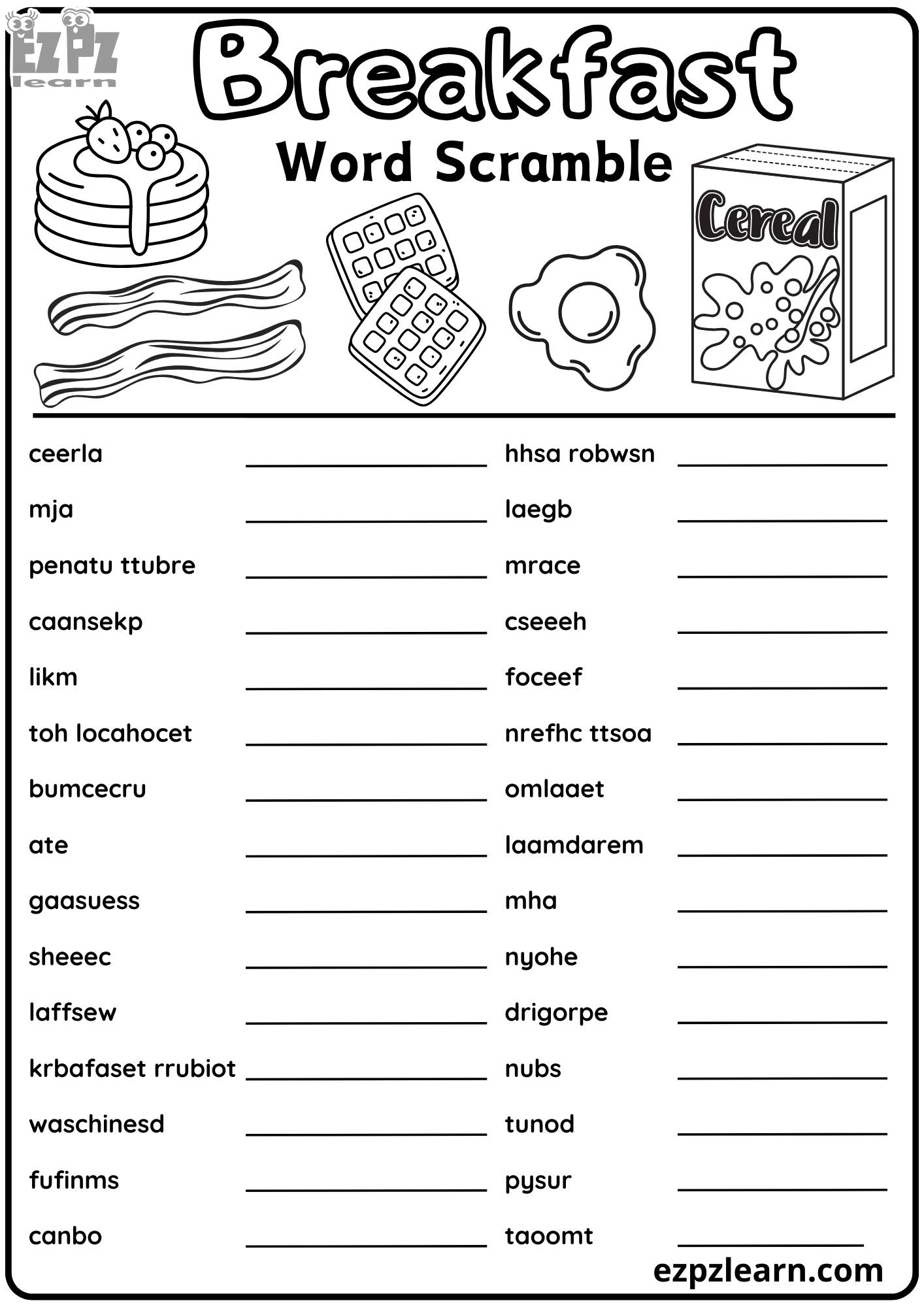 Breakfast Food Word Scramble 30 Vocabulary Words Free Printable PDF ...