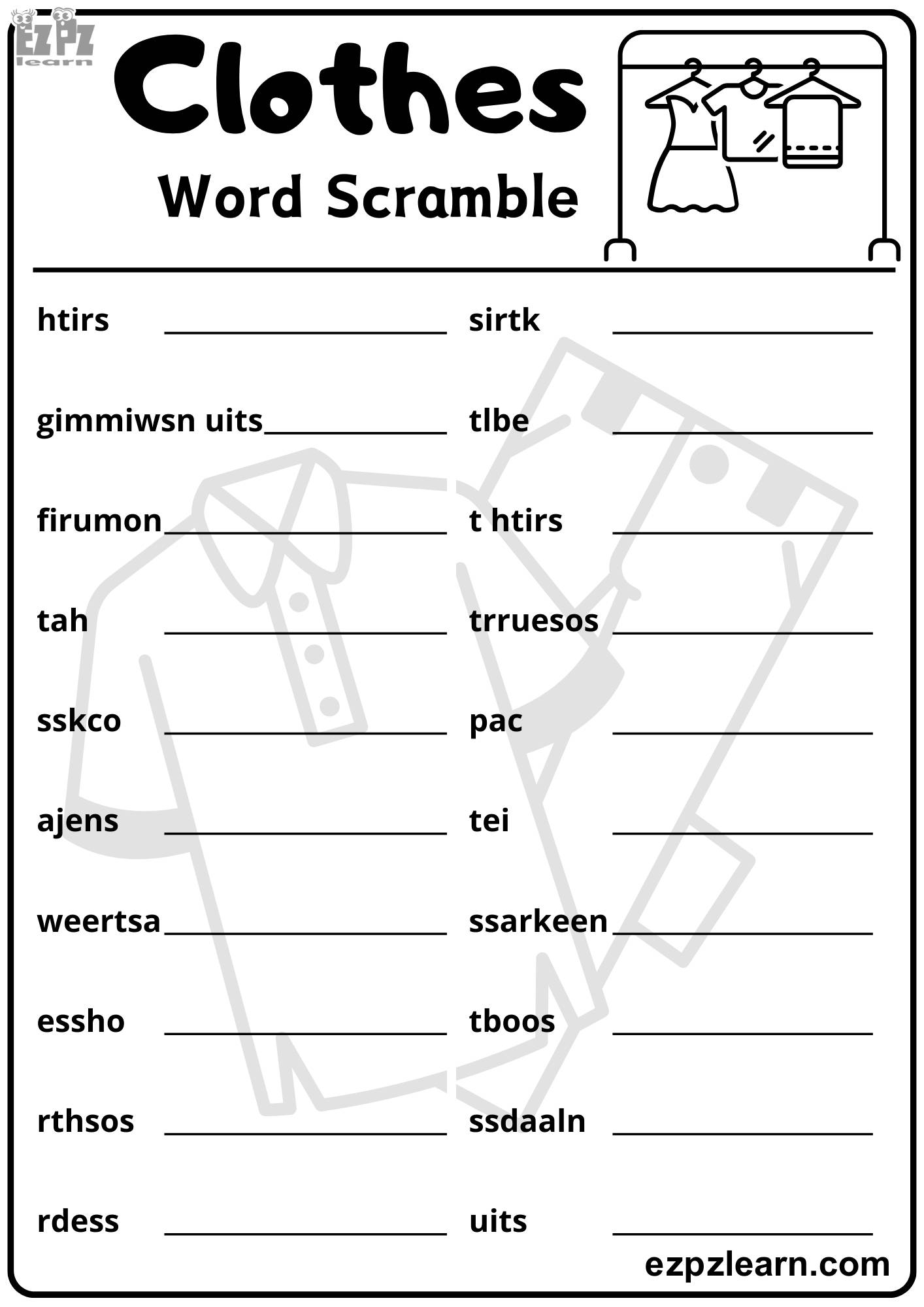 Clothes Word Scramble 20 Vocabulary Words Free Printable PDF File ...