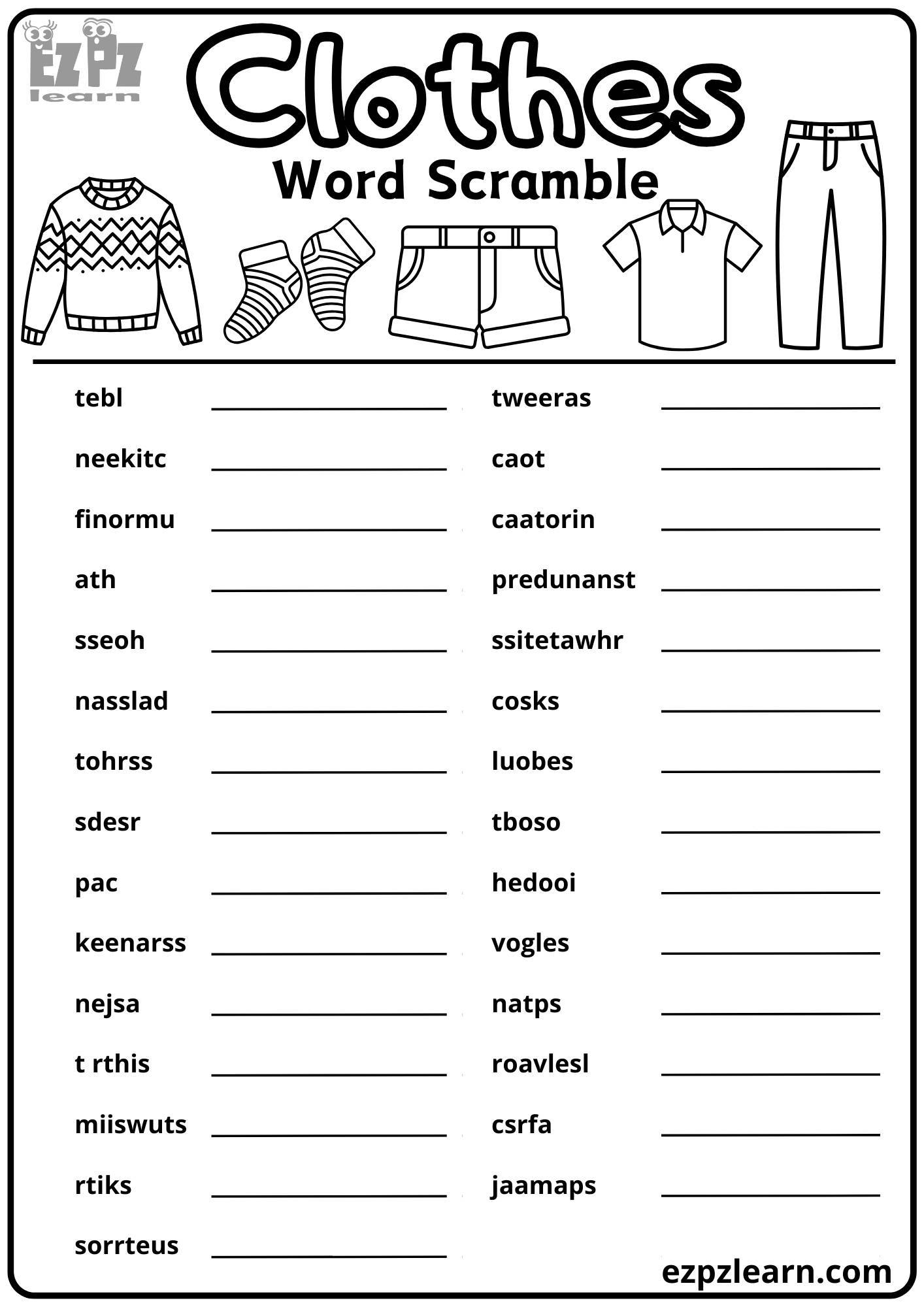 Clothes Word Scramble 29 Vocabulary Words Free Download PDF File ...