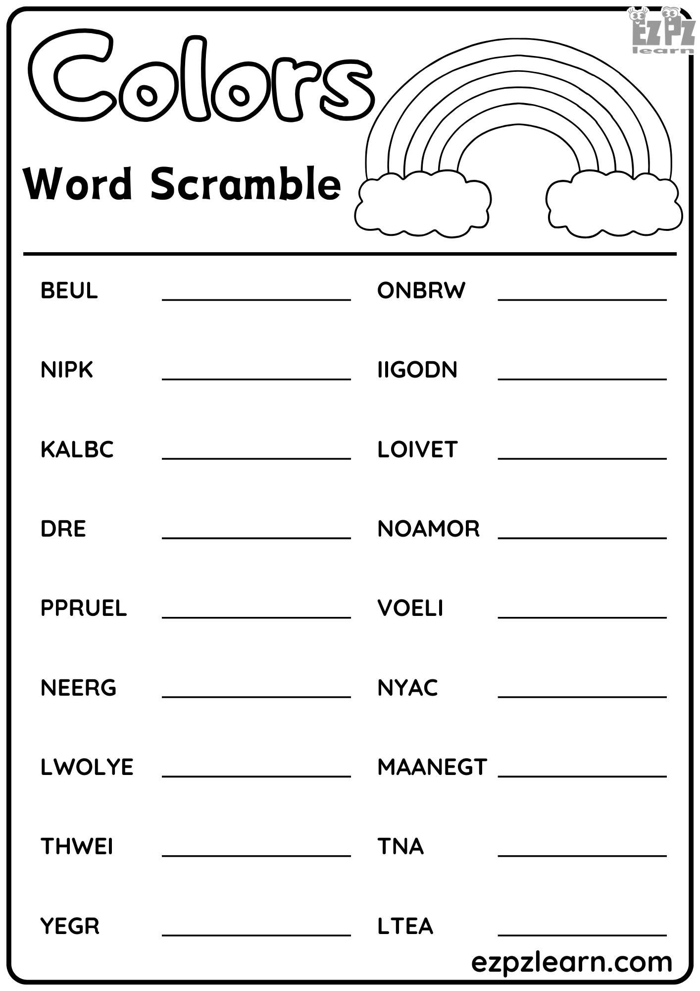 Colors Word Scramble 18 Vocabulary Words Free Download PDF File ...