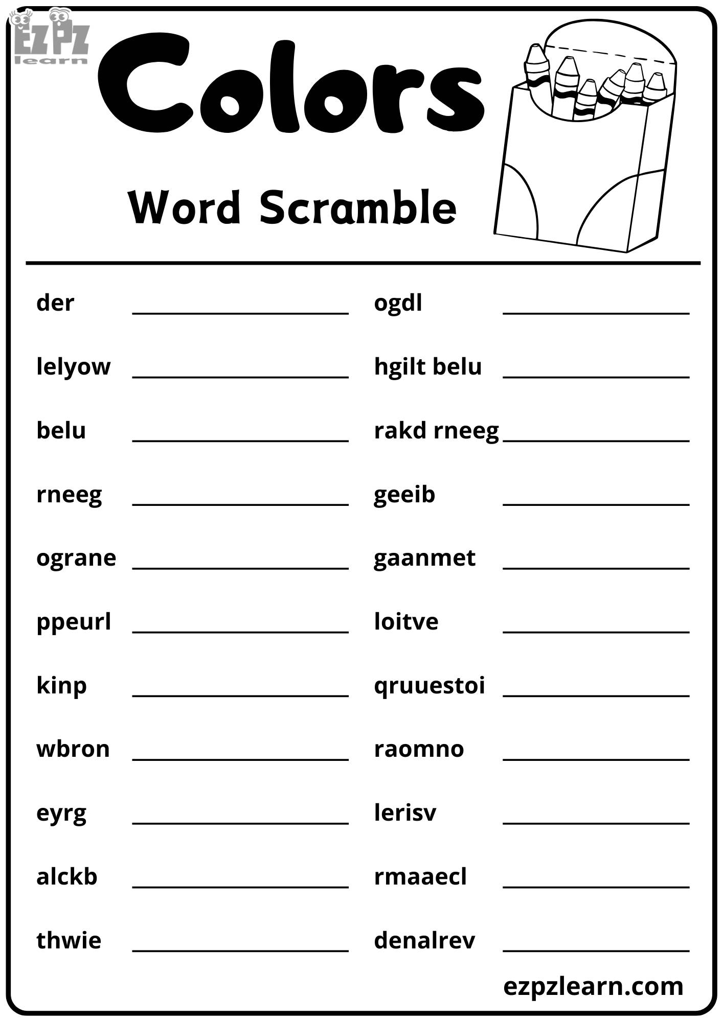 Colors Word Scramble 22 Vocabulary Words Free Download PDF File ...