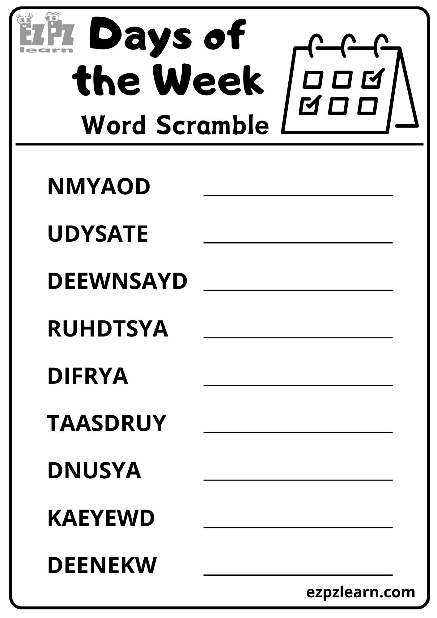 Days of the Week Word Scramble Vocabulary Words Free Download PDF File ...