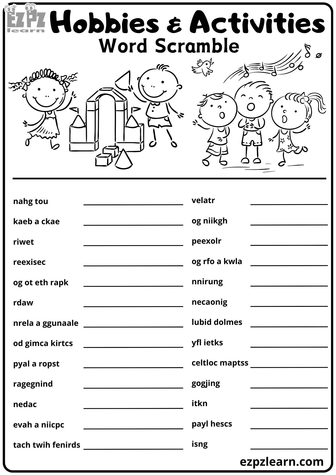 Hobbies And Free Time Activities Word Scramble Activity For Kids 26 